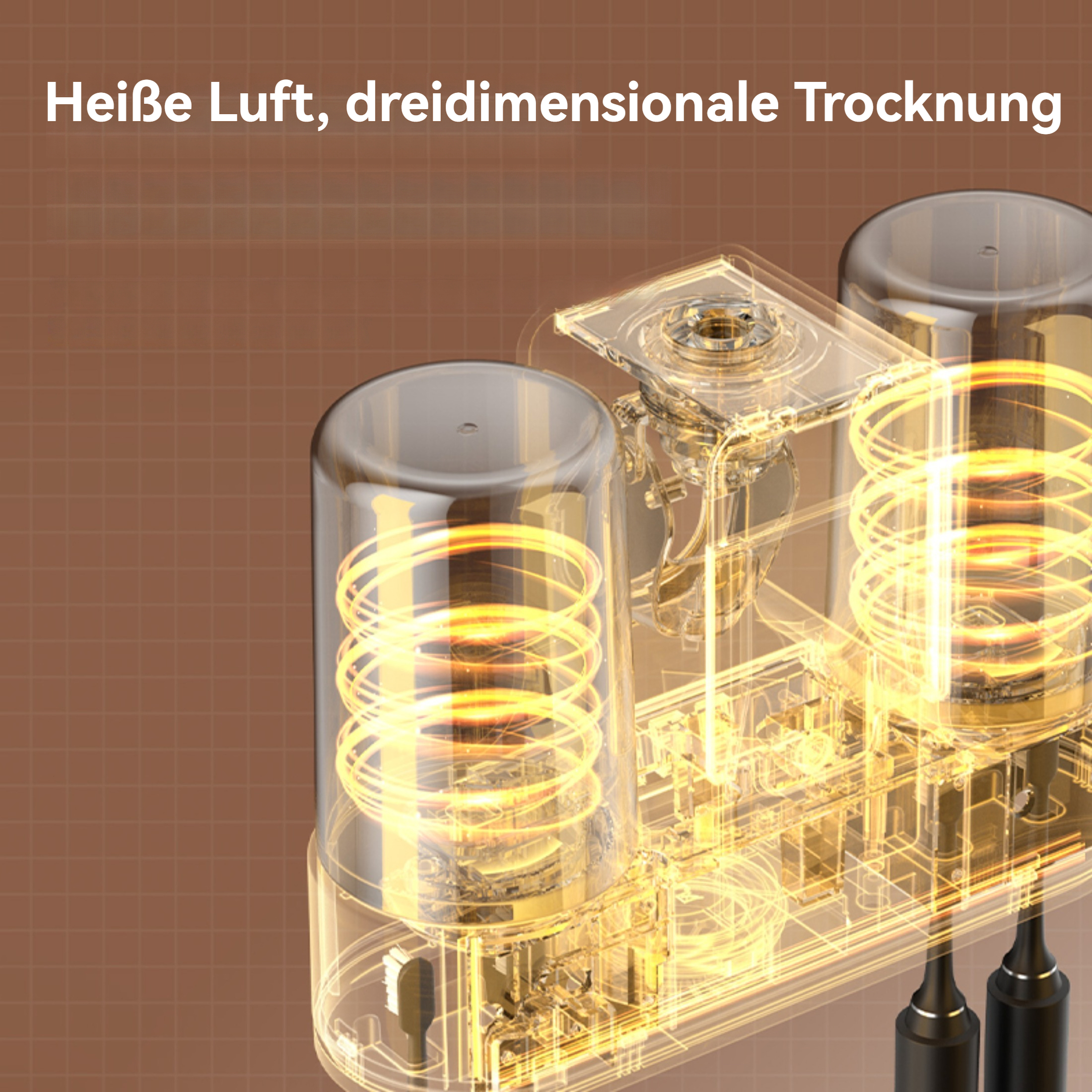Ein transparentes Gerät. Ein Bild seiner inneren Funktionsweise ist zu sehen. Der Hintergrund ist ein brauner Farbverlauf.