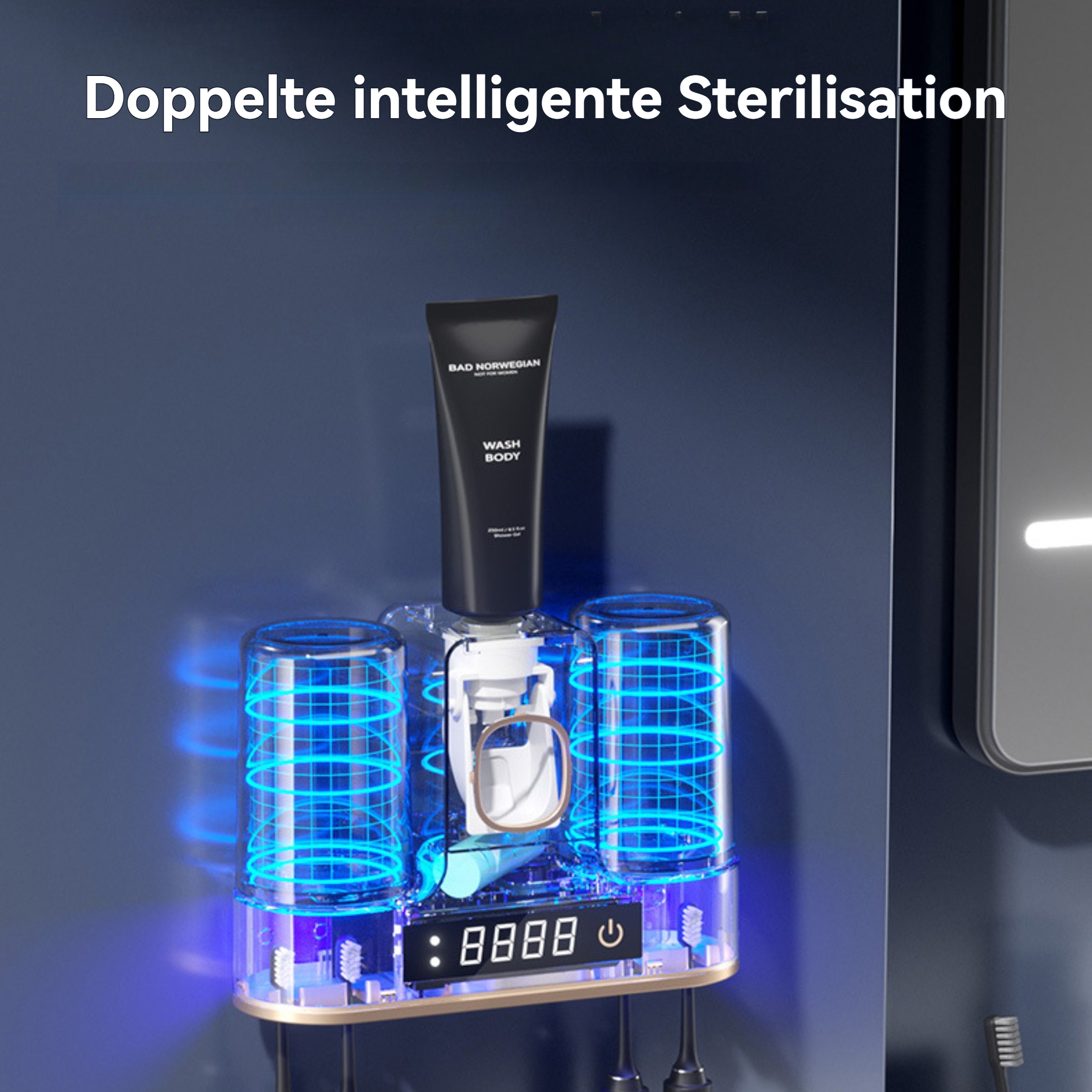 Zahnbürstenhalter mit Digitaluhr und Tube Gesichtswäsche.