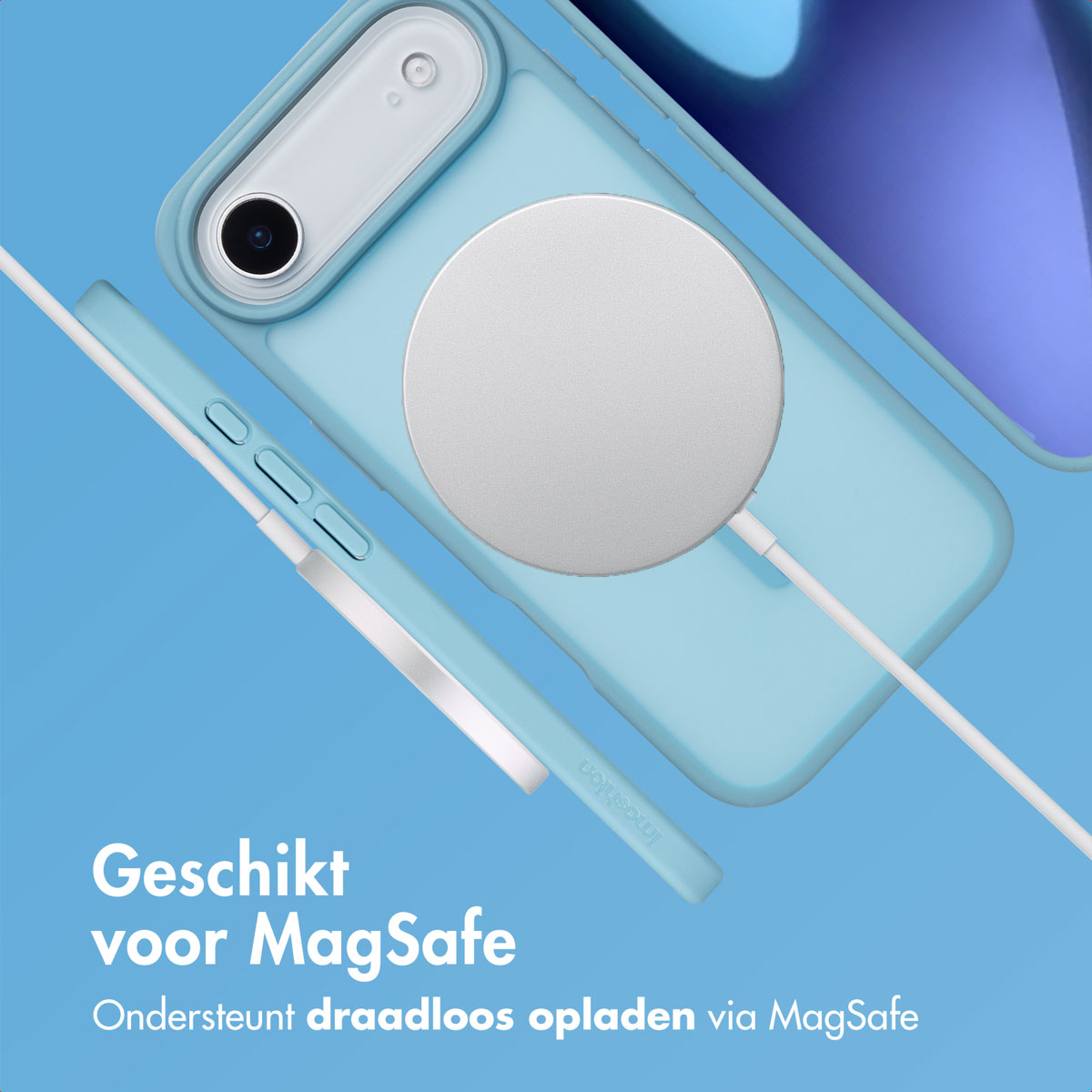 Telefoonhoesje met een oplader en een telefoon. De hoes is blauw, met een witte cirkel.
