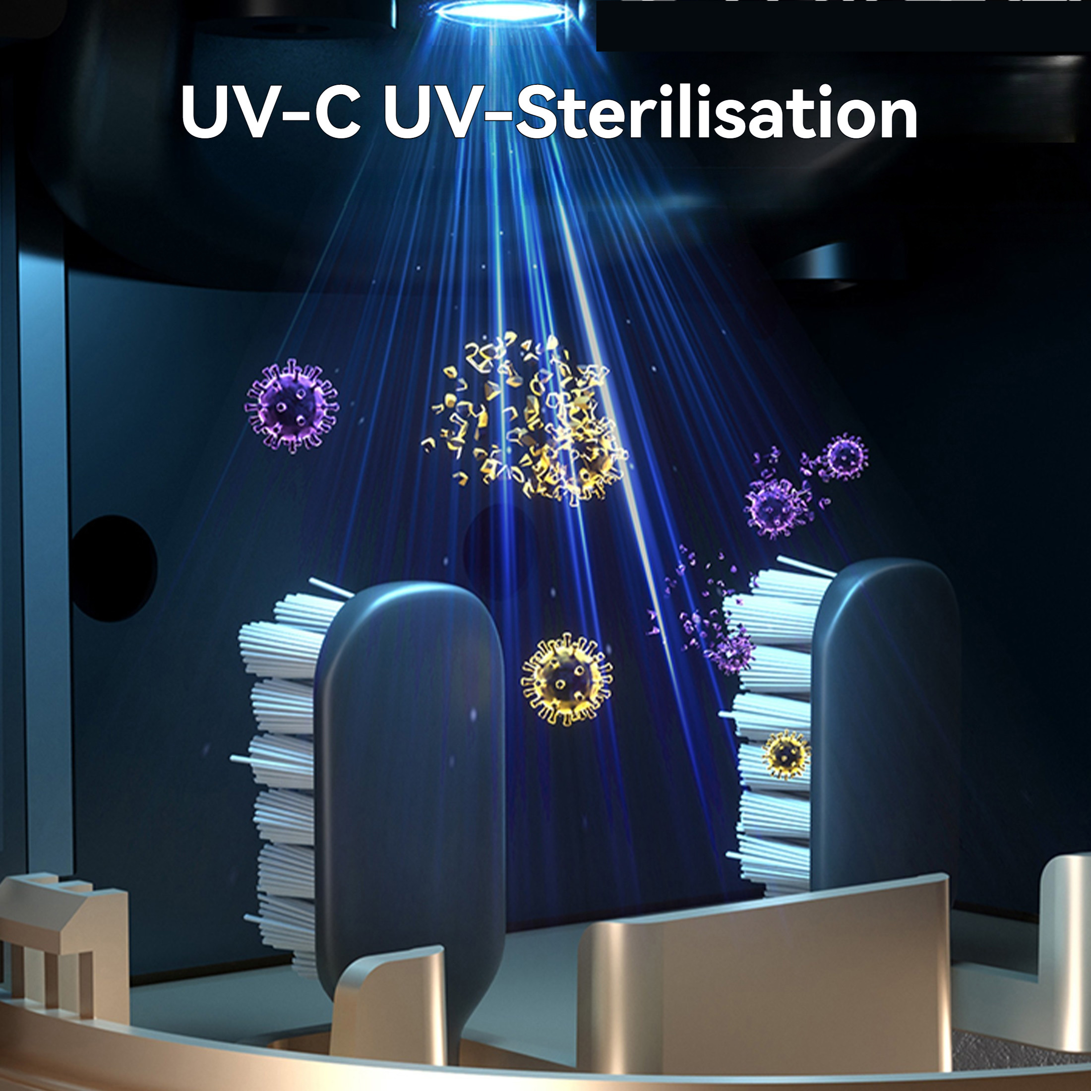Nahaufnahme von Zahnbürstenköpfen, die mit UV-C-Licht desinfiziert werden.