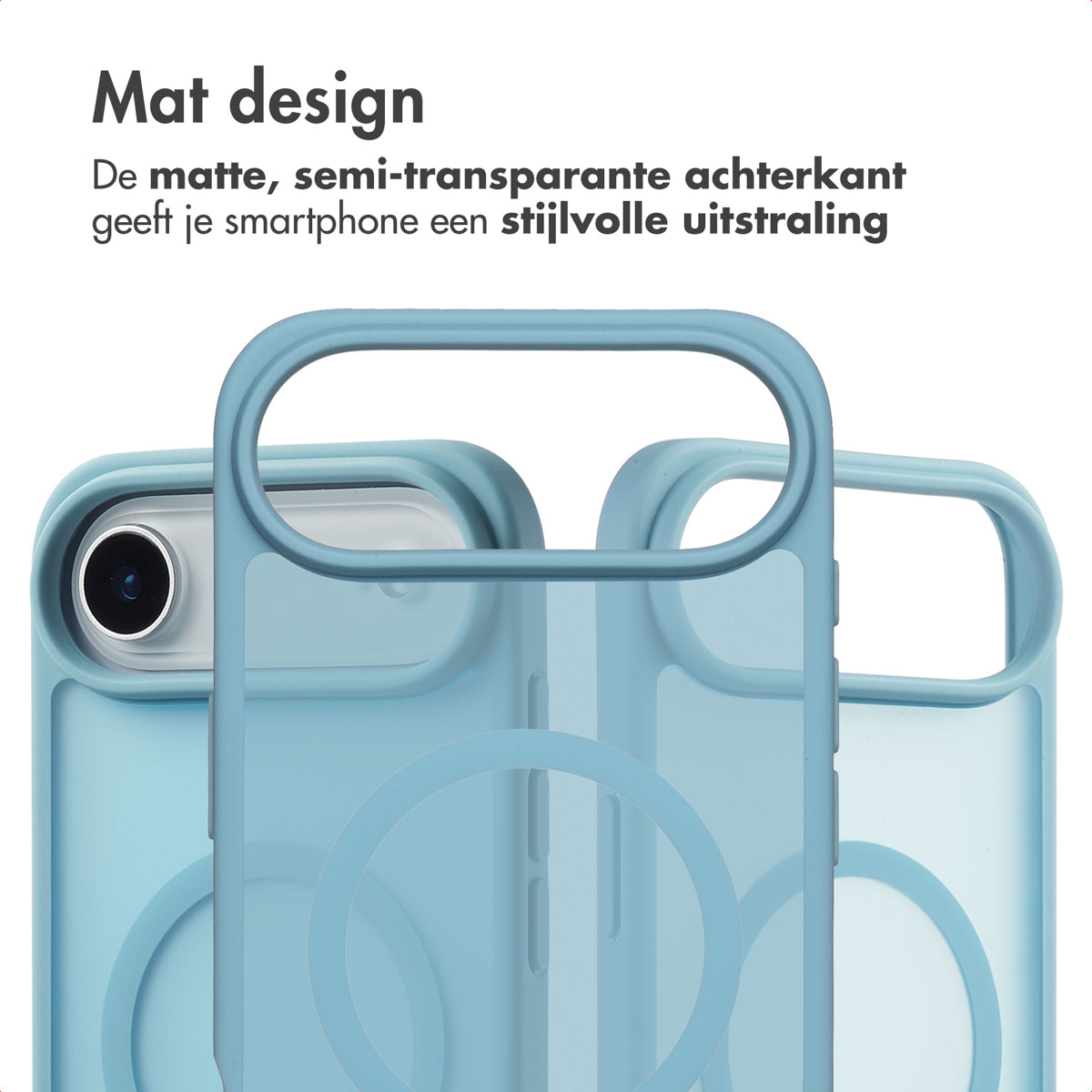 Een telefoonhoesje met een blauwgroene transparante achterkant. De hoes heeft een cirkelvorm.