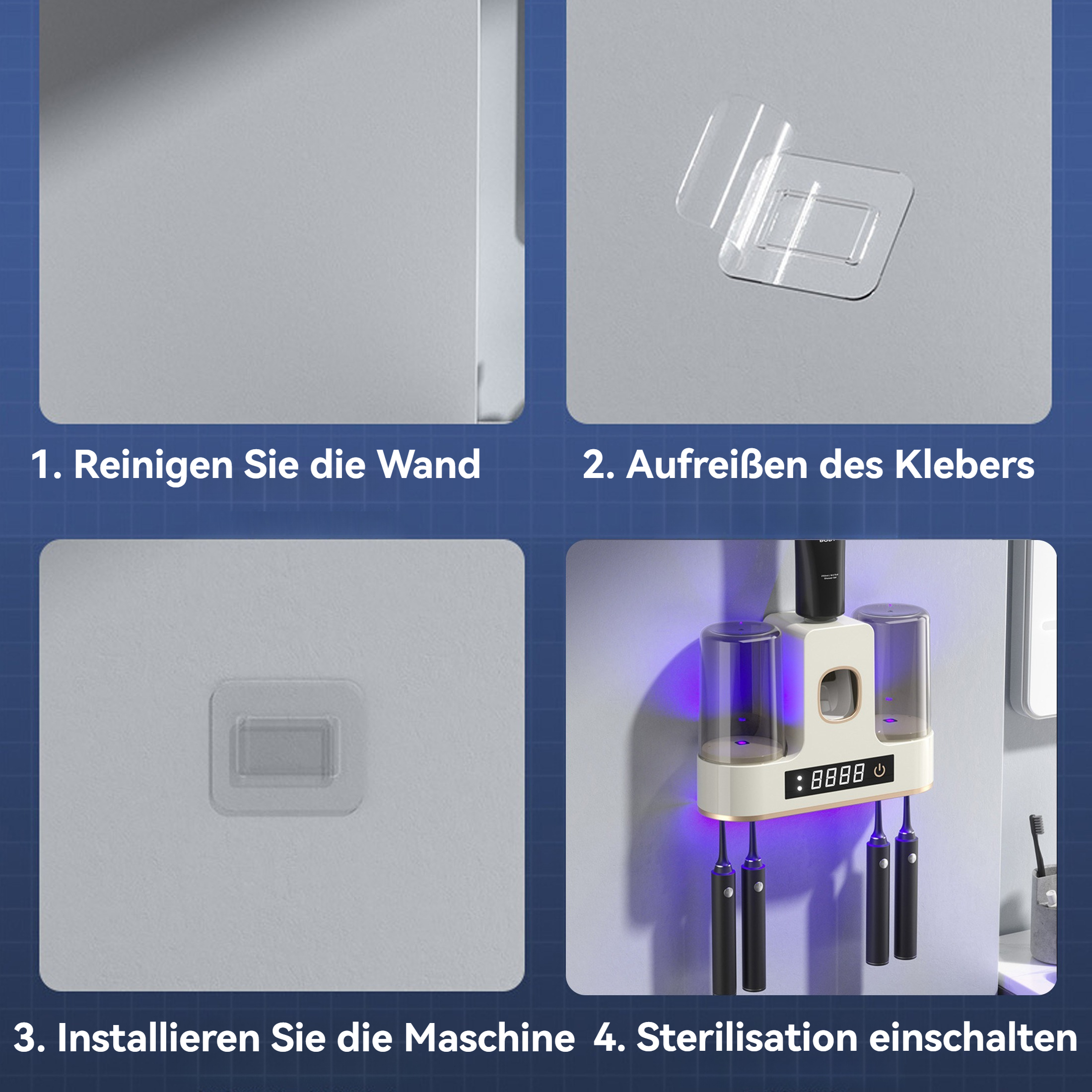 Vier Bilder, die zeigen, wie man einen Zahnbürstenhalter installiert.