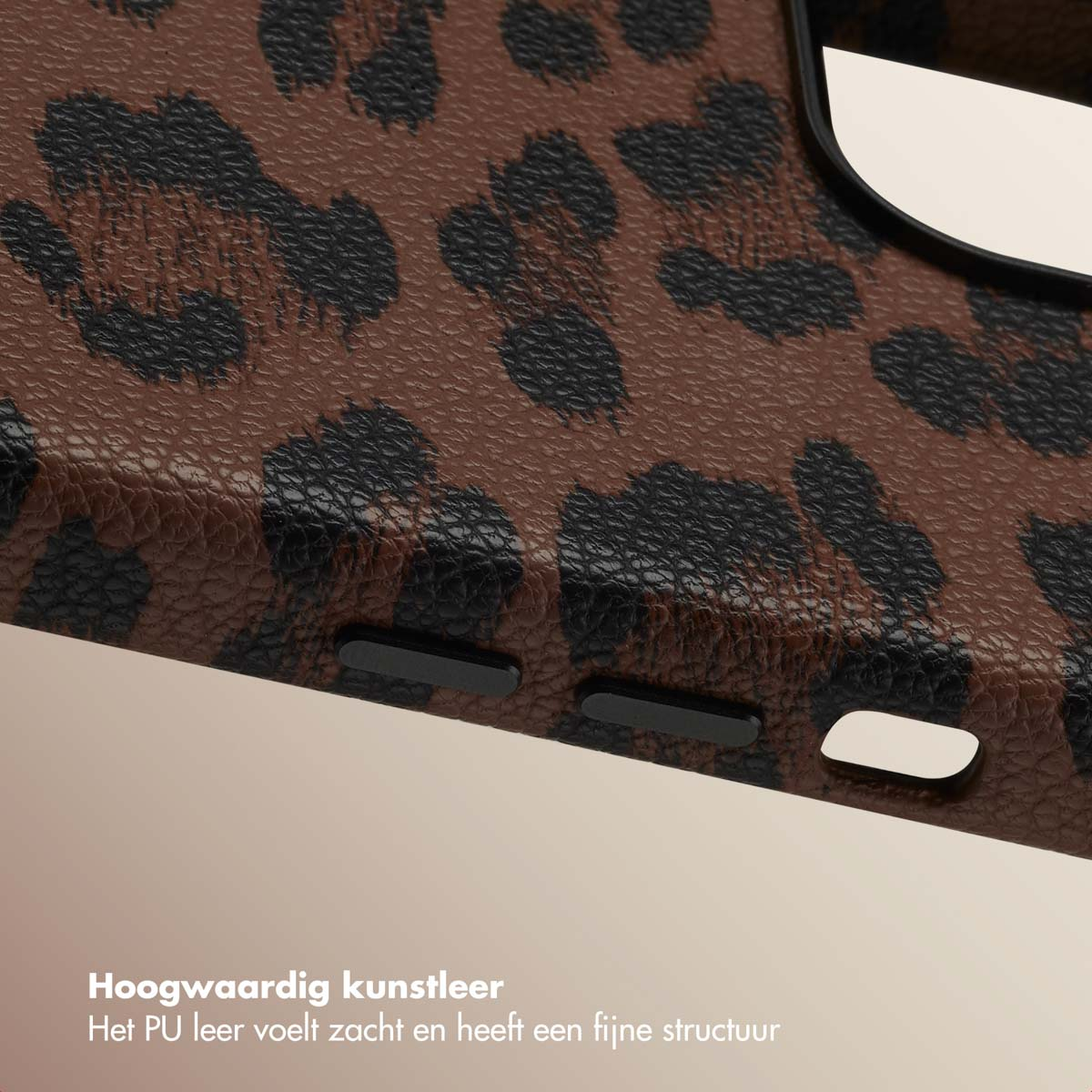 Close-up of a phone case with a leopard print design.