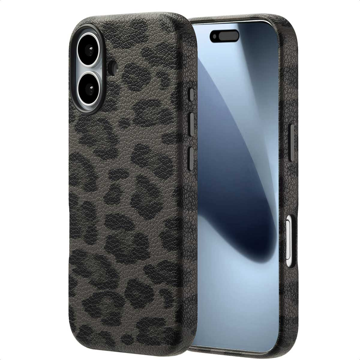 Telefoon met een luipaardprint hoesje. Toont de case en de achterkant van de telefoon.