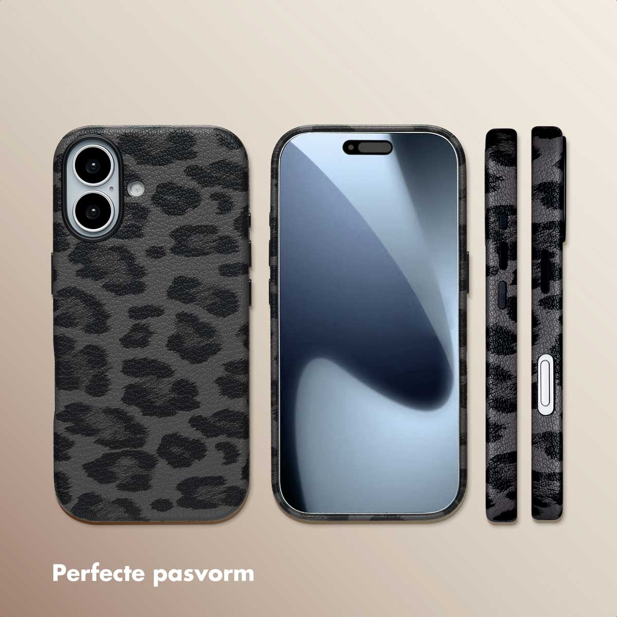 Telefoonhoesje, schermbeschermer en zijaanzicht. Allemaal met een luipaardprint.