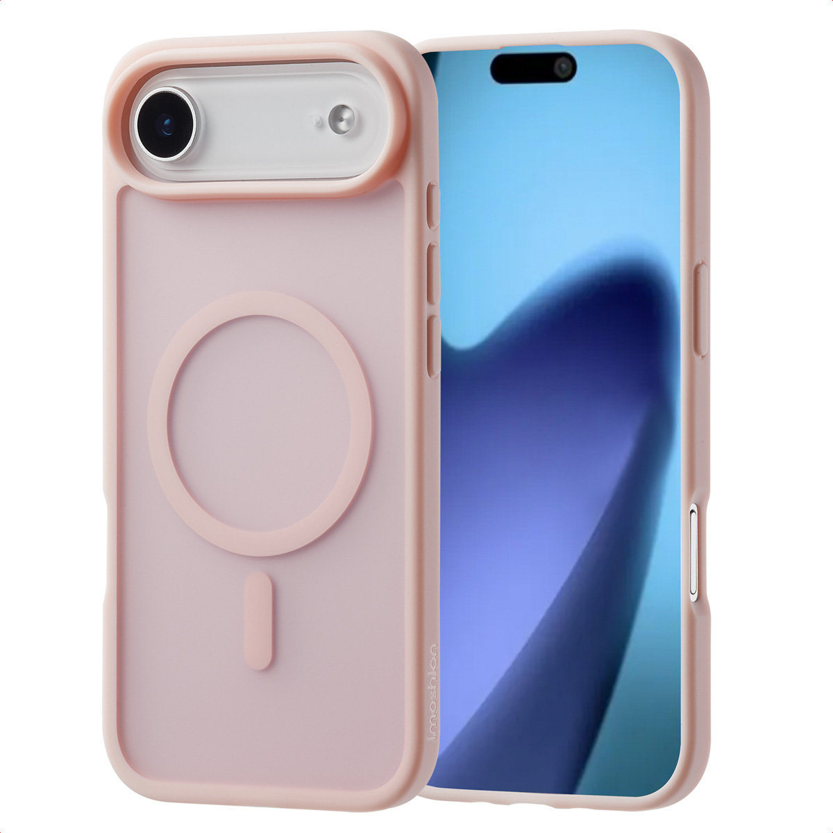 Roze telefoonhoesje met een telefoon erin. Een roze cirkel op de achterkant, de telefoon heeft een zwart scherm.