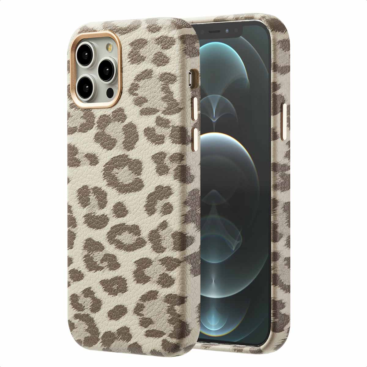 Een telefoonhoesje met een luipaardprint. De telefoon zit erin. Het telefoonhoesje staat op een beige achtergrond.