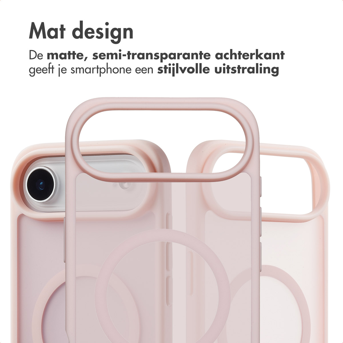 Drie roze telefoonhoesjes. De hoesjes liggen op een roze ondergrond. Elk hoesje heeft een telefoon.