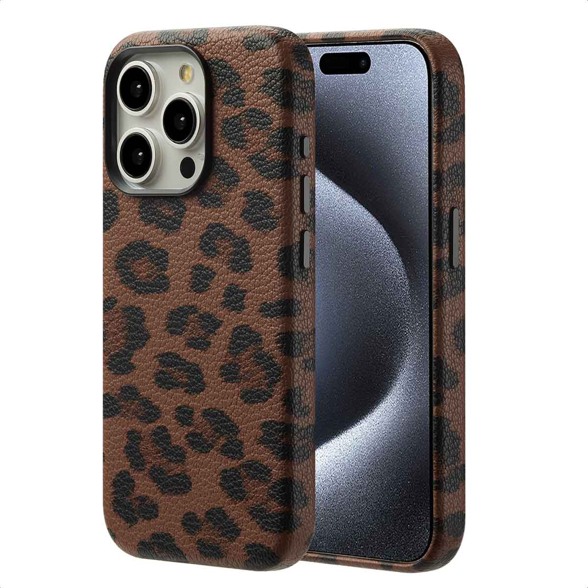 Bruine telefoonhoes met luipaardprint en zwarte telefoon erin. De hoes zit links. De rechtertelefoon is zichtbaar.