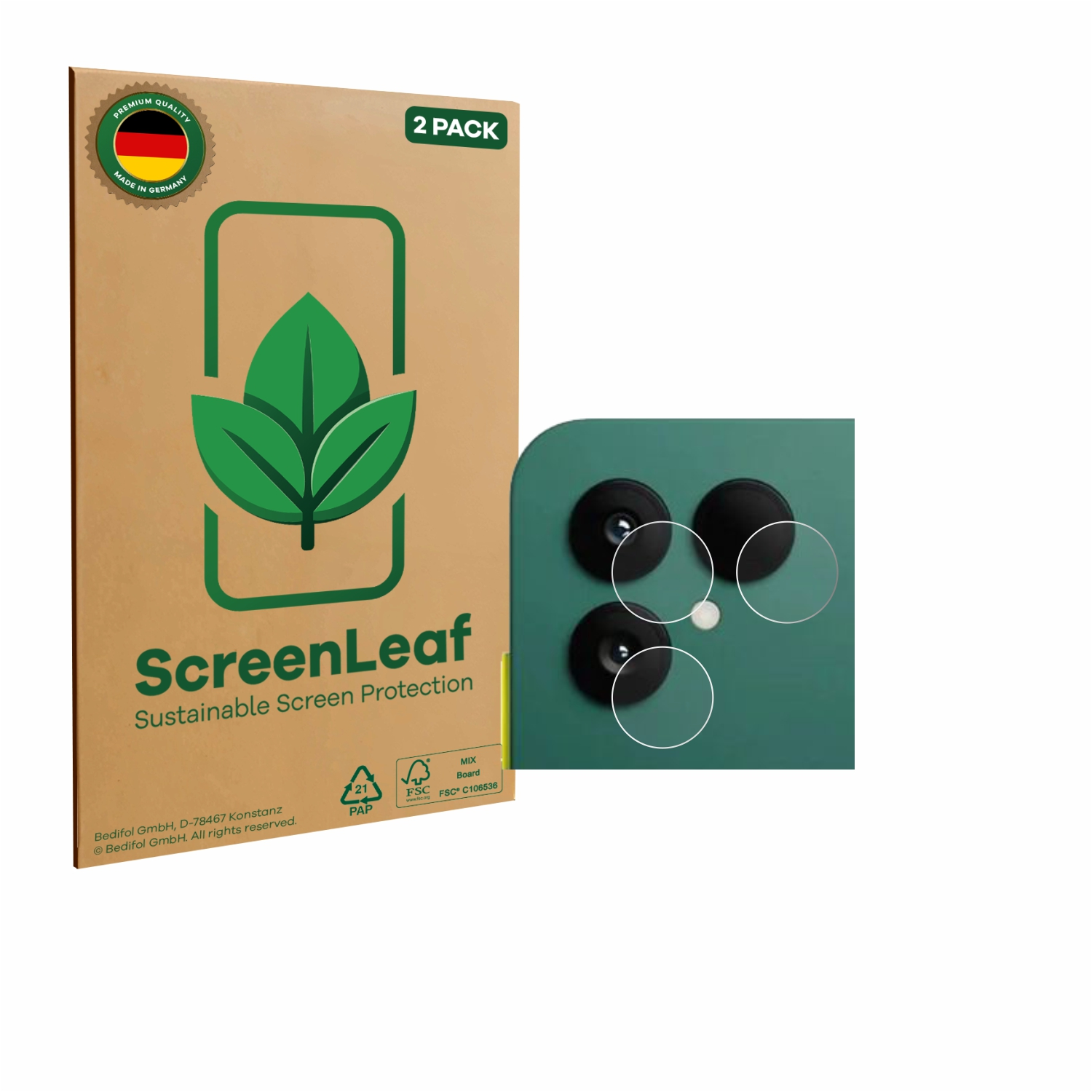 Eine Schachtel mit ScreenLeaf-Displayschutzfolien, ein Telefon und drei transparente Displayschutzfolien.