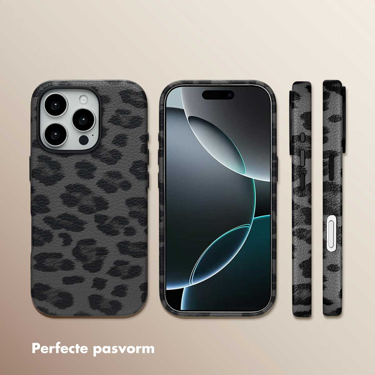 Zwarte telefoonhoes met luipaardprint en een zwarte telefoon erin. Twee kanten van de hoes worden weergegeven. Tekst onderaan.