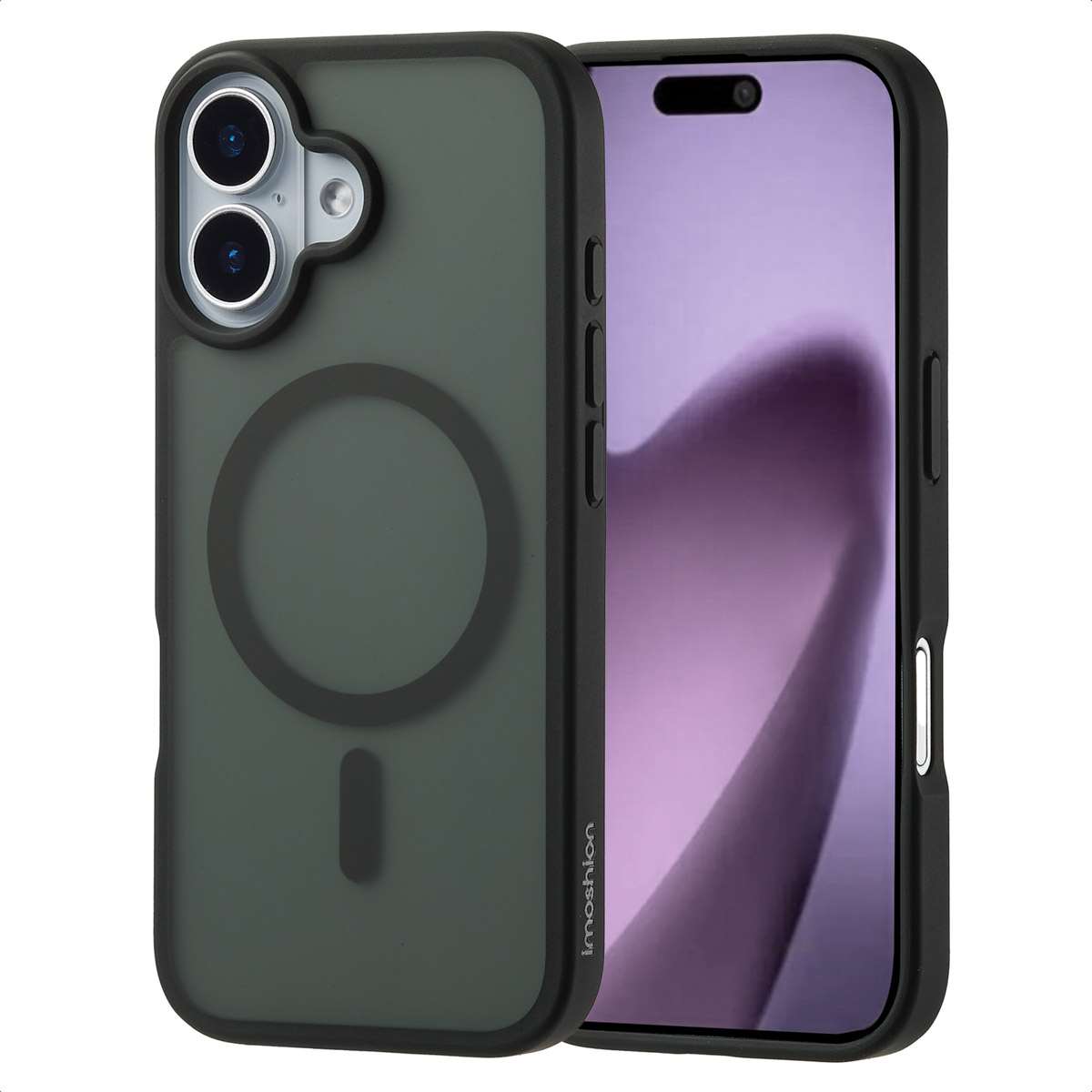 Telefoonhoesje met een groene achterkant en zwart frame. Text: Imoshion-logo. De telefoon zit in de hoes.