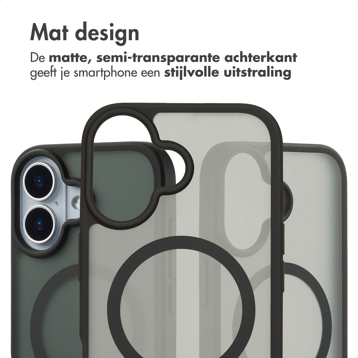 Drie telefoonhoesjes. Eén links, twee erachter. Zwart frame, circulair ontwerp.