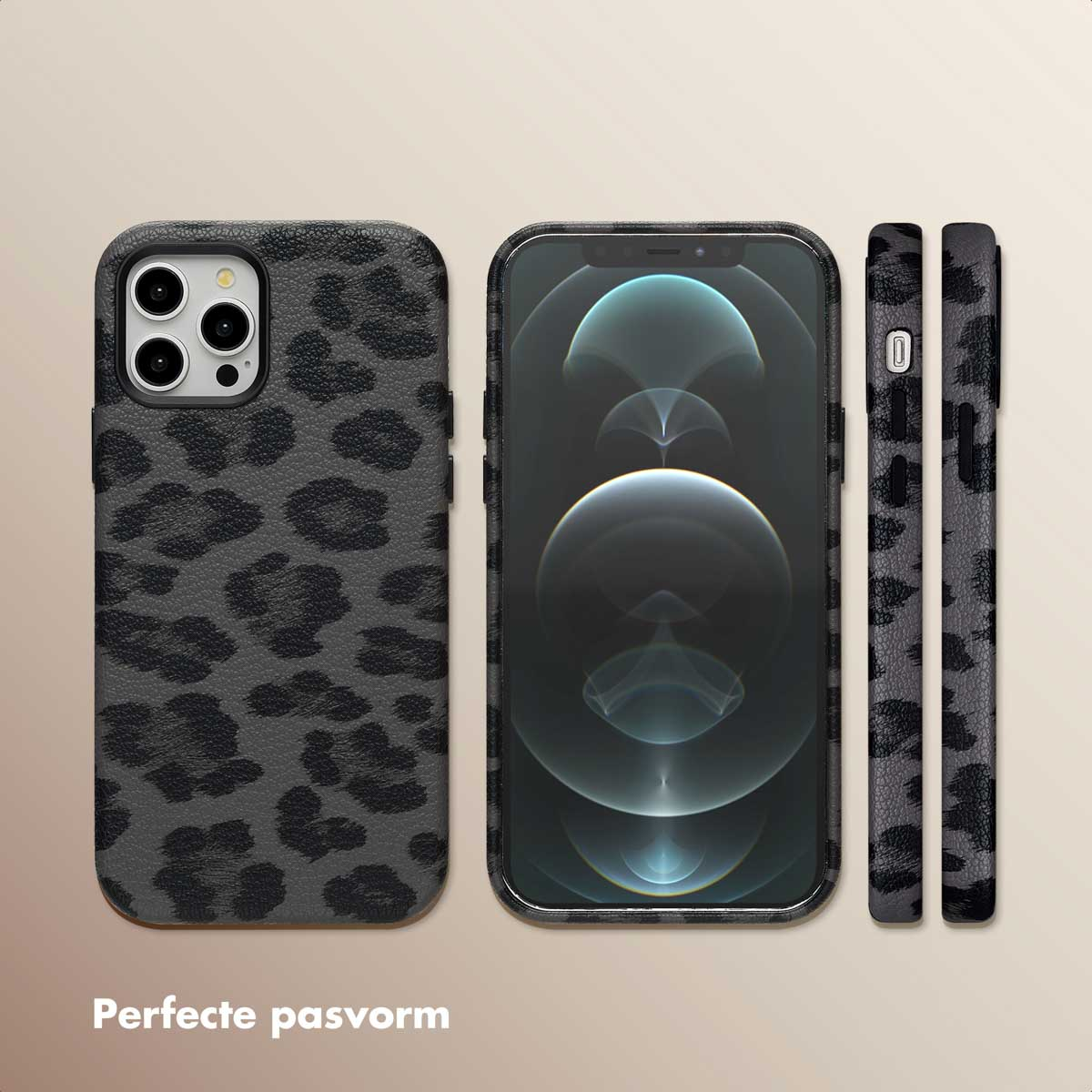 Drie telefoonhoesjes met luipaardprint, één open. De telefoon heeft een zwart scherm.