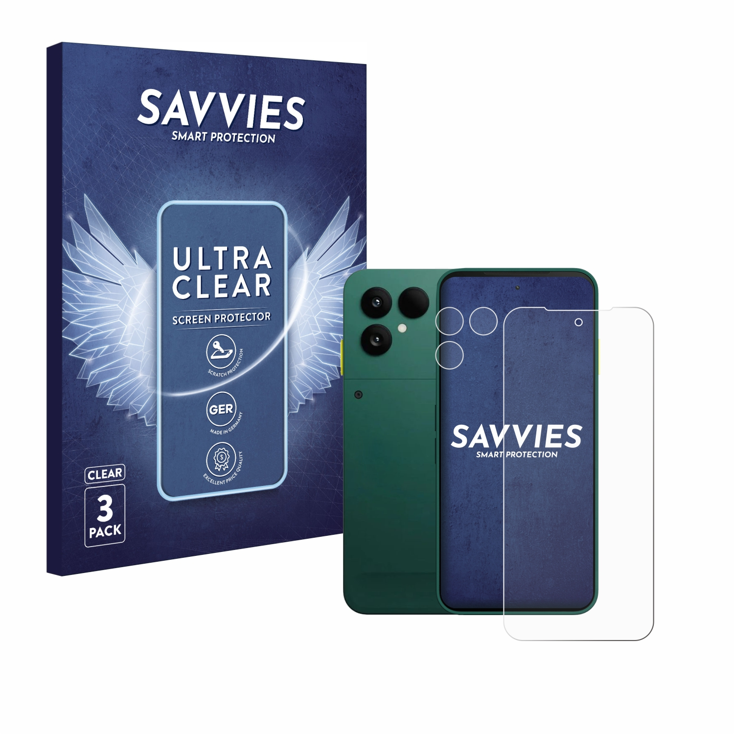 Ein Displayschutz, Telefon und Box. Das Telefon ist grün mit einem klaren Schutz.