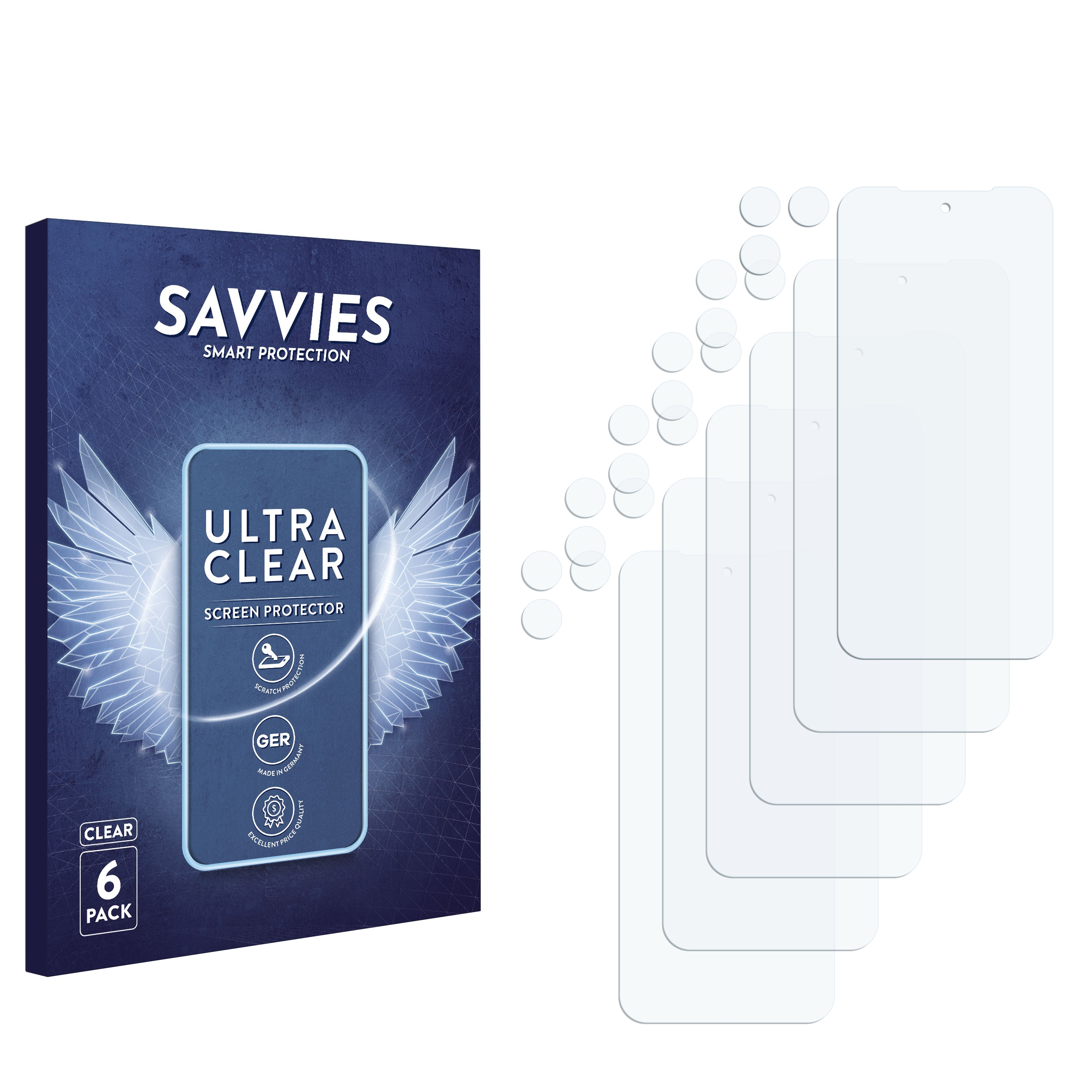 Eine Box mit Displayschutzfolien. Mehrere Displayschutzfolien liegen neben der Box.