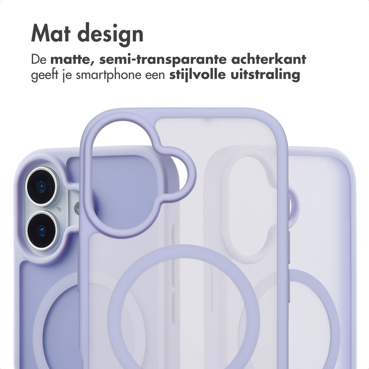 Close-up van een paars telefoonhoesje. De hoes is transparant met een MagSafe-cirkel.