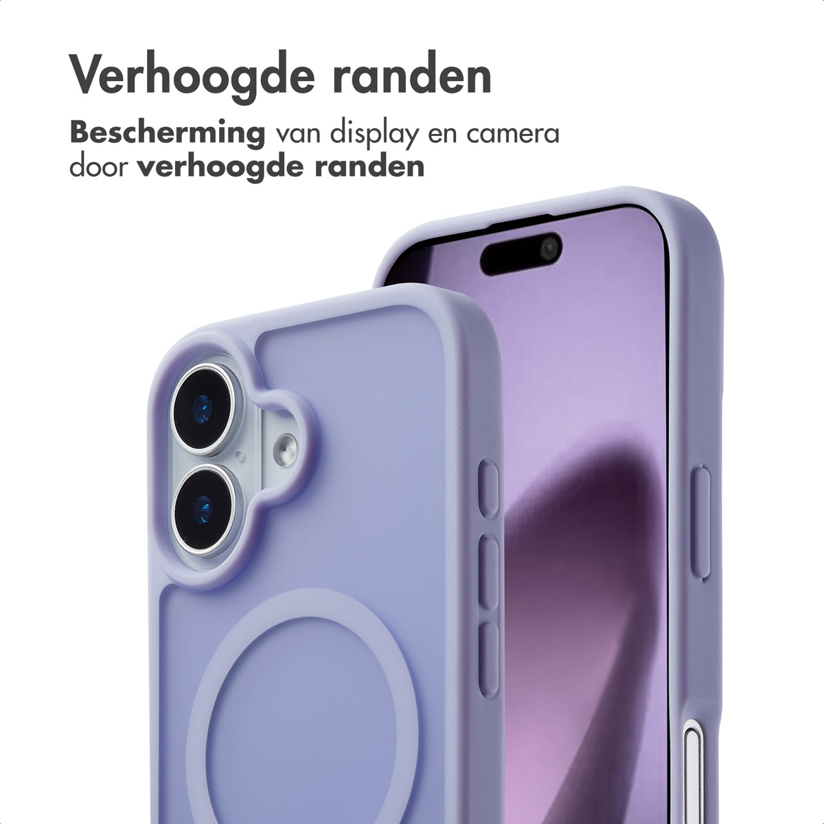 Twee telefoonhoesjes. Eén heeft een cirkelontwerp. De telefoon is lila en heeft een zwart frame.