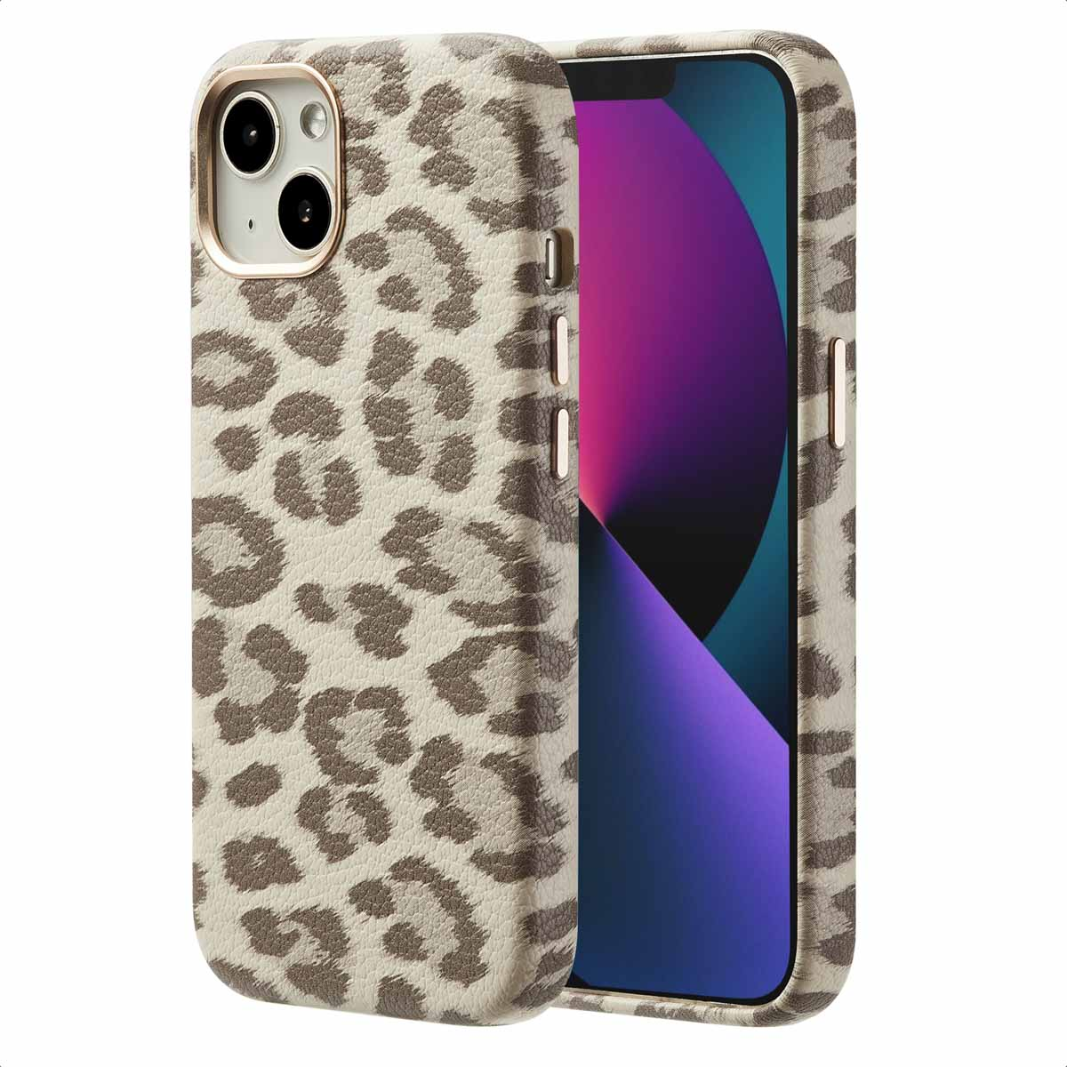 Telefoonhoesje met luipaardprint, met het telefoonscherm. De hoes heeft een gouden frame.