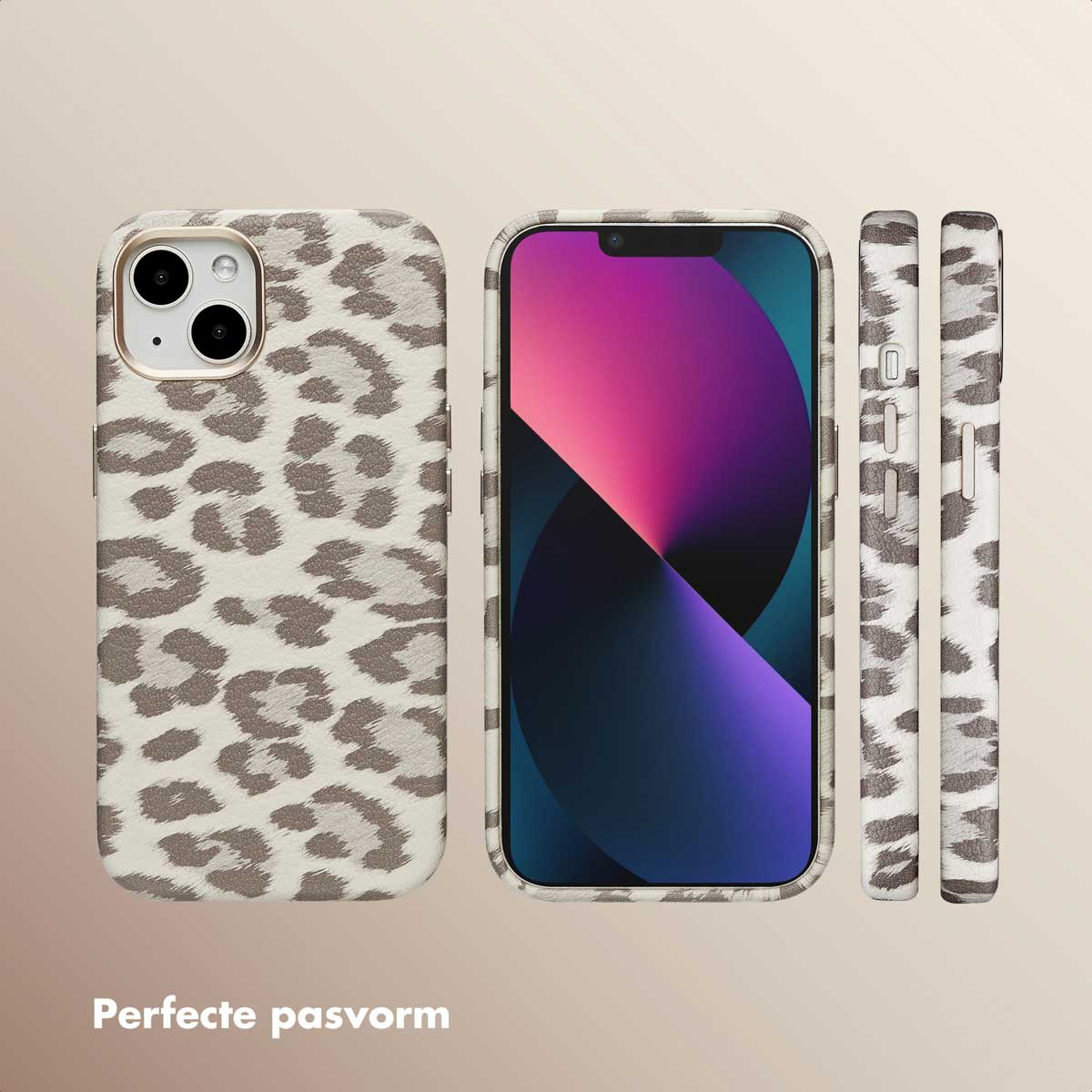Telefoonhoesje met luipaardprint, met voor-, zij- en achteraanzicht van een telefoon.