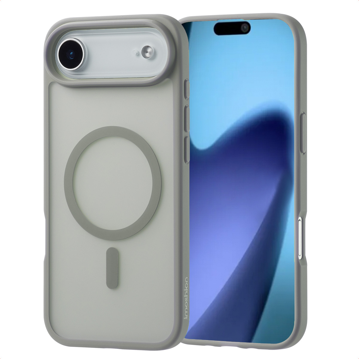 Twee telefoonhoesjes, één gemonteerd op een telefoon, grijs en helder. Grijze rand en heldere achterkant. De achterkant heeft een ring.