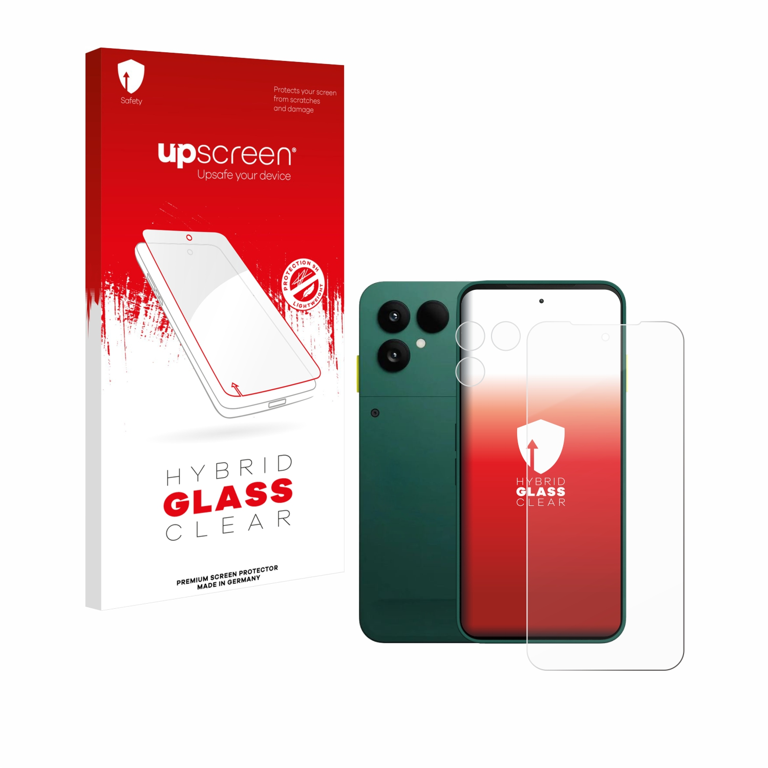 Telefon- und Displayschutzfolienverpackung. Eine Box mit einer Illustration eines Telefons und einer Displayschutzfolie.
