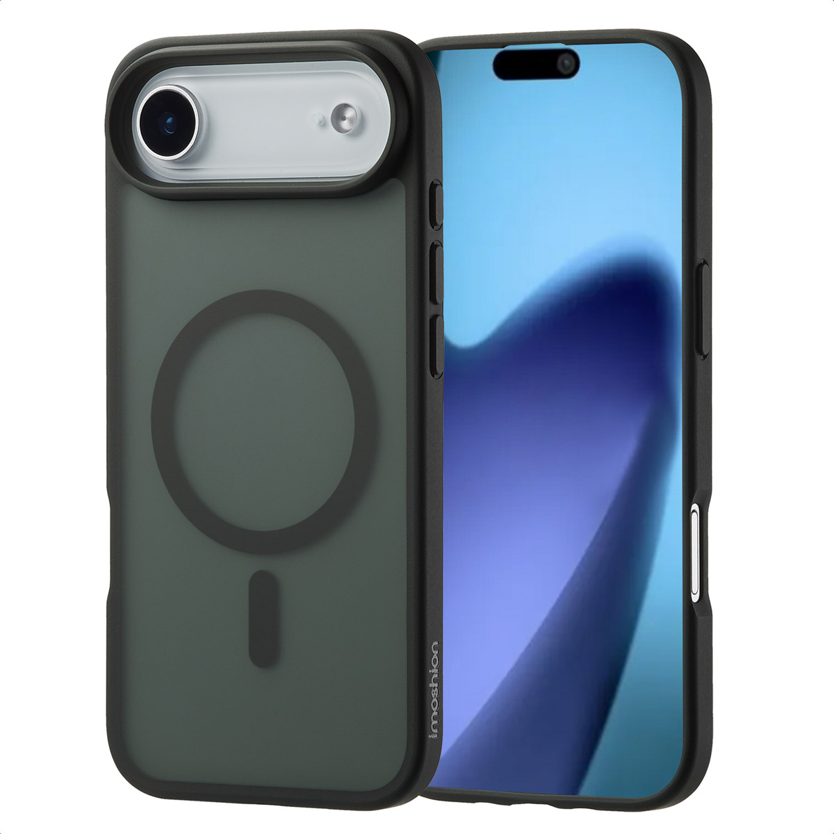Een telefoonhoesje met een telefoon. De hoes is zwart en heeft een magnetische cirkel. De telefoon is zwart en heeft een camera.