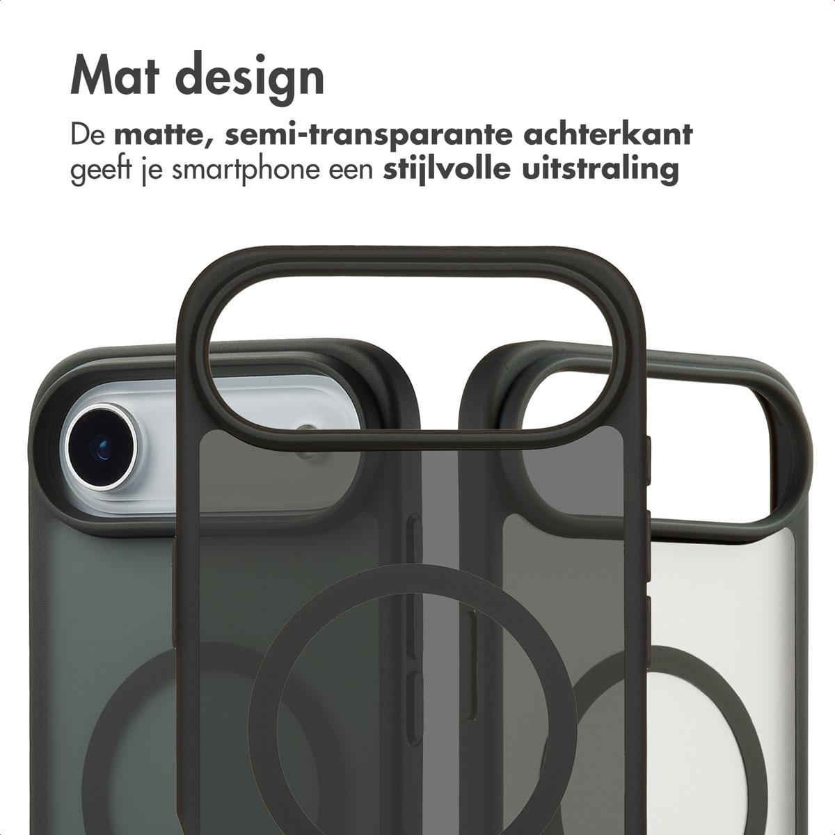 Telefoonhoesje met de achterkant om het ontwerp te laten zien. De hoes is donker. Het heeft een cirkel en een logo.