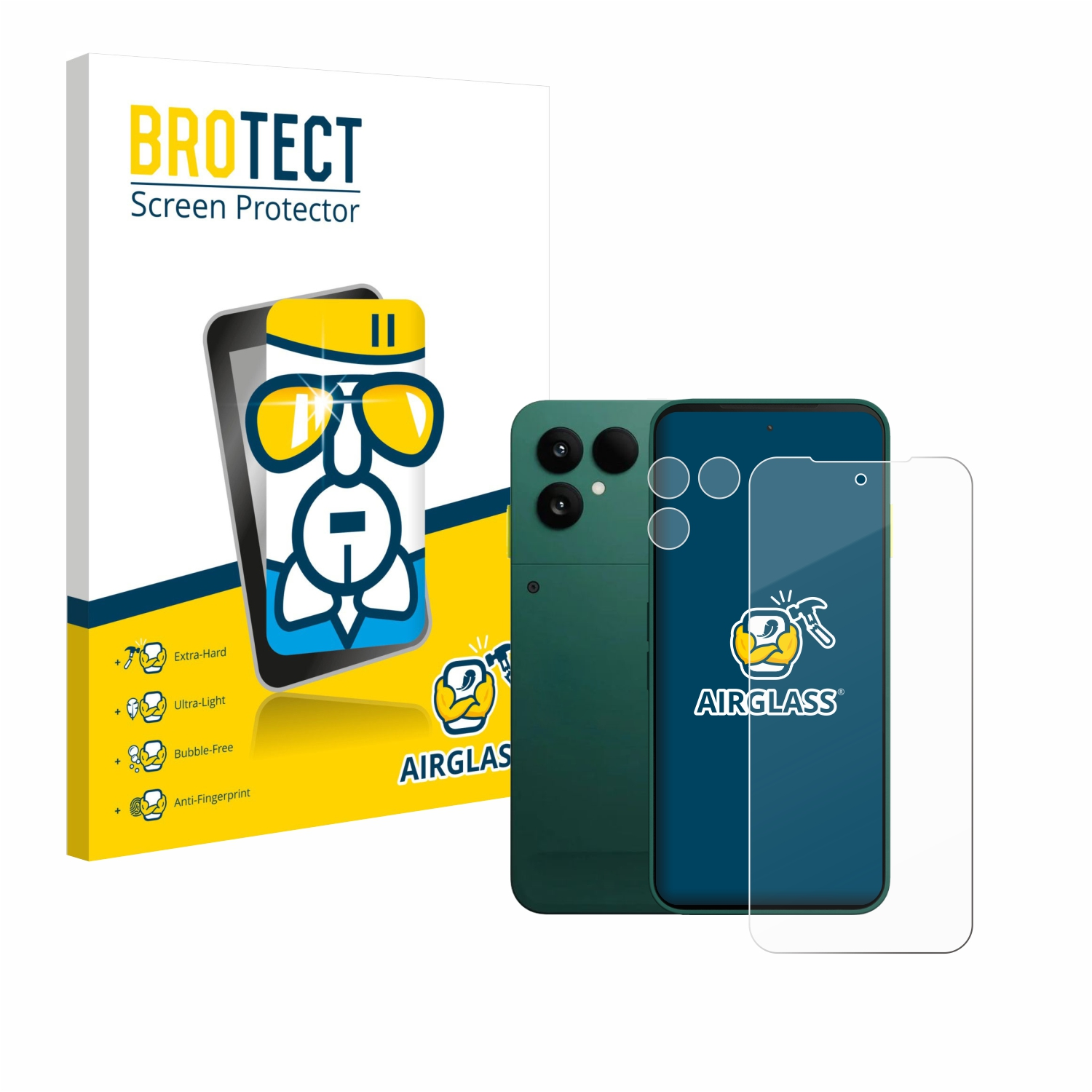 Ein grünes Telefon mit einem Displayschutz-Set. Ein grünes Telefon befindet sich rechts und ein Displayschutz auf dem Telefon. Eine Box links.