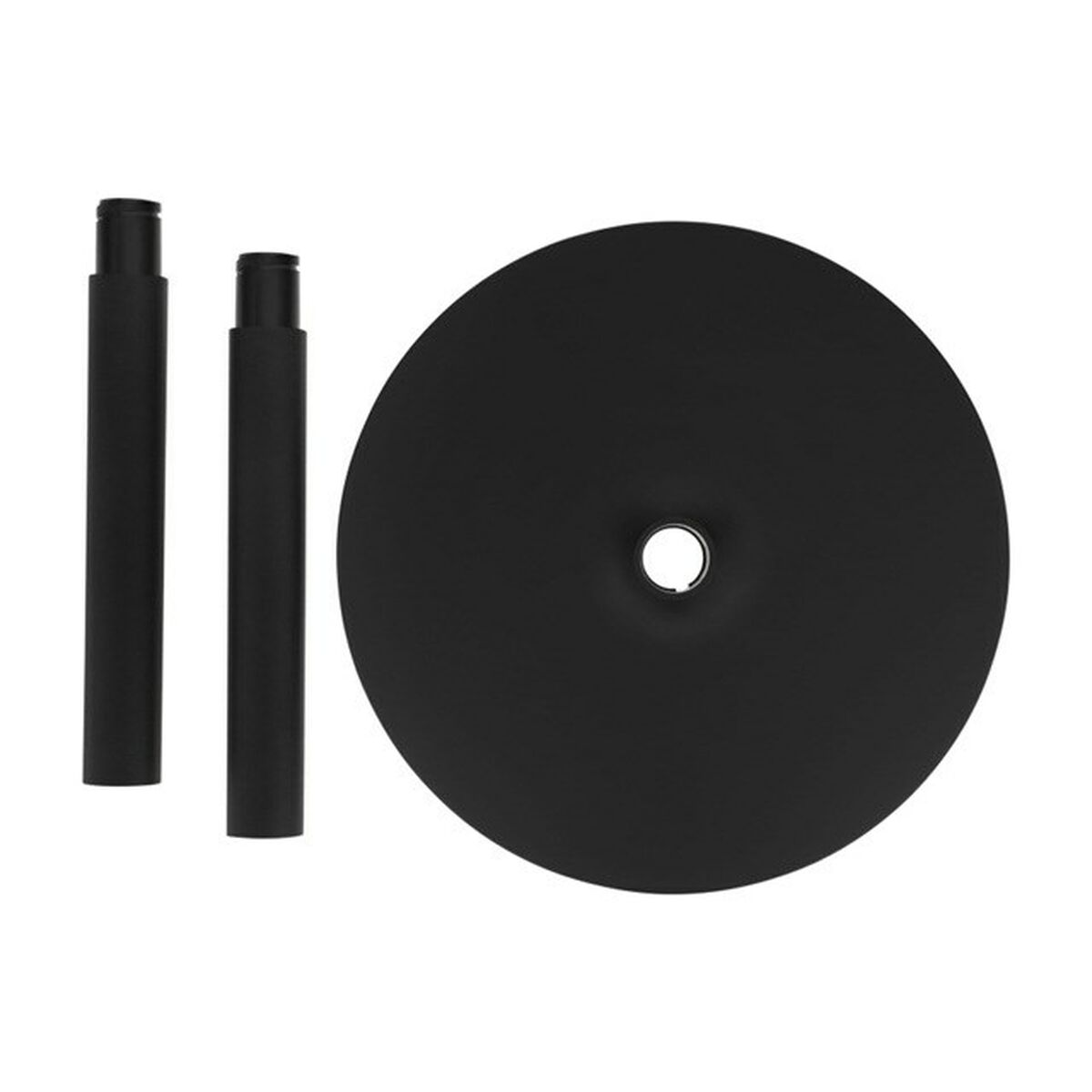 Czarne elementy stojaka: okrągła podstawa i dwa cylindryczne słupy.