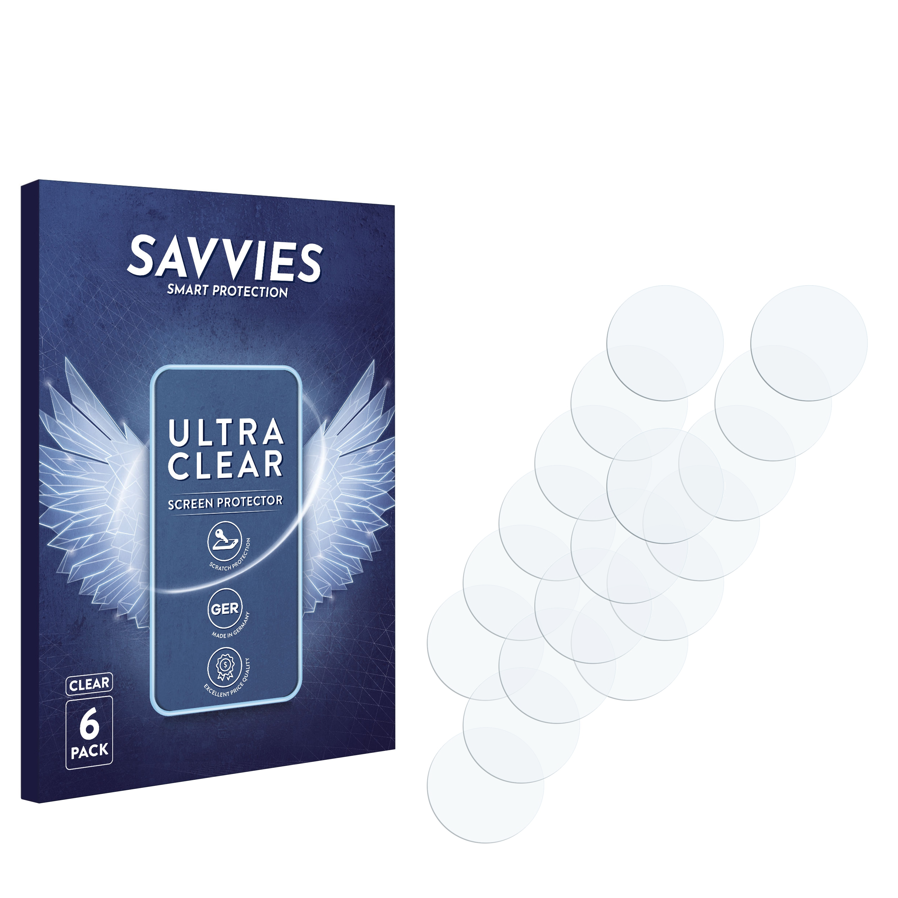 Displayschutzfolien-Packung mit transparenten Schutzfolien. Weißer Hintergrund.