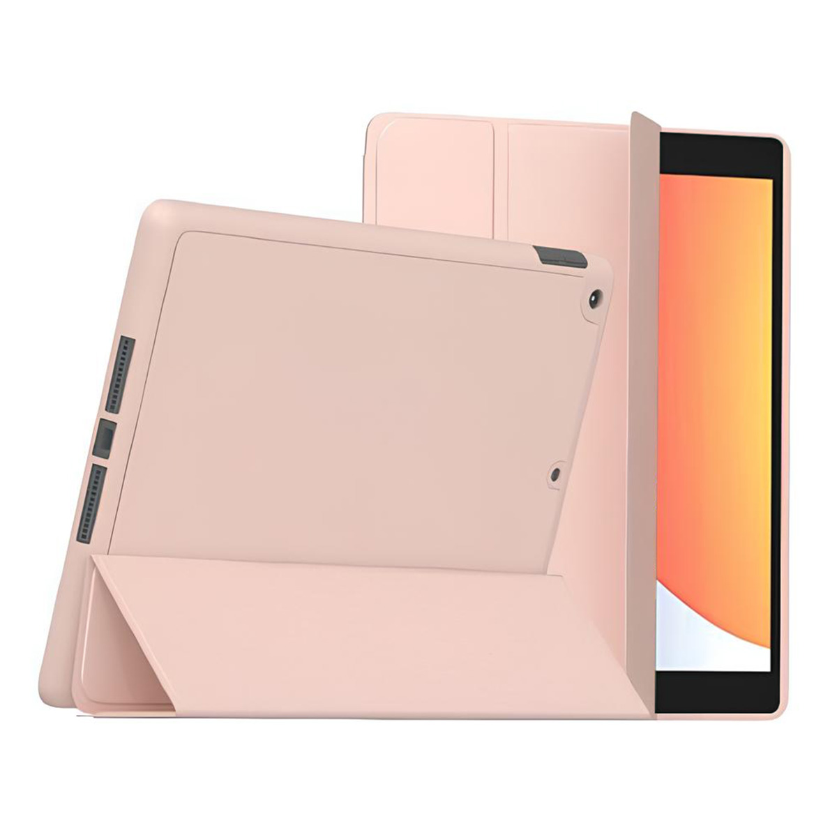 Funda de tableta rosa, parcialmente abierta, con una tableta dentro. Fondo: otra tableta y funda.