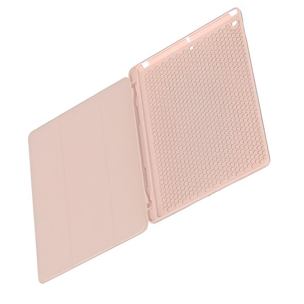 Funda de tableta rosa, abierta. El interior de la funda es visible. Fondo blanco.