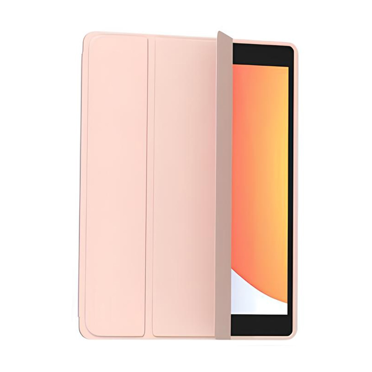 Una tableta con una cubierta rosa. La cubierta está abierta, revelando la pantalla naranja.