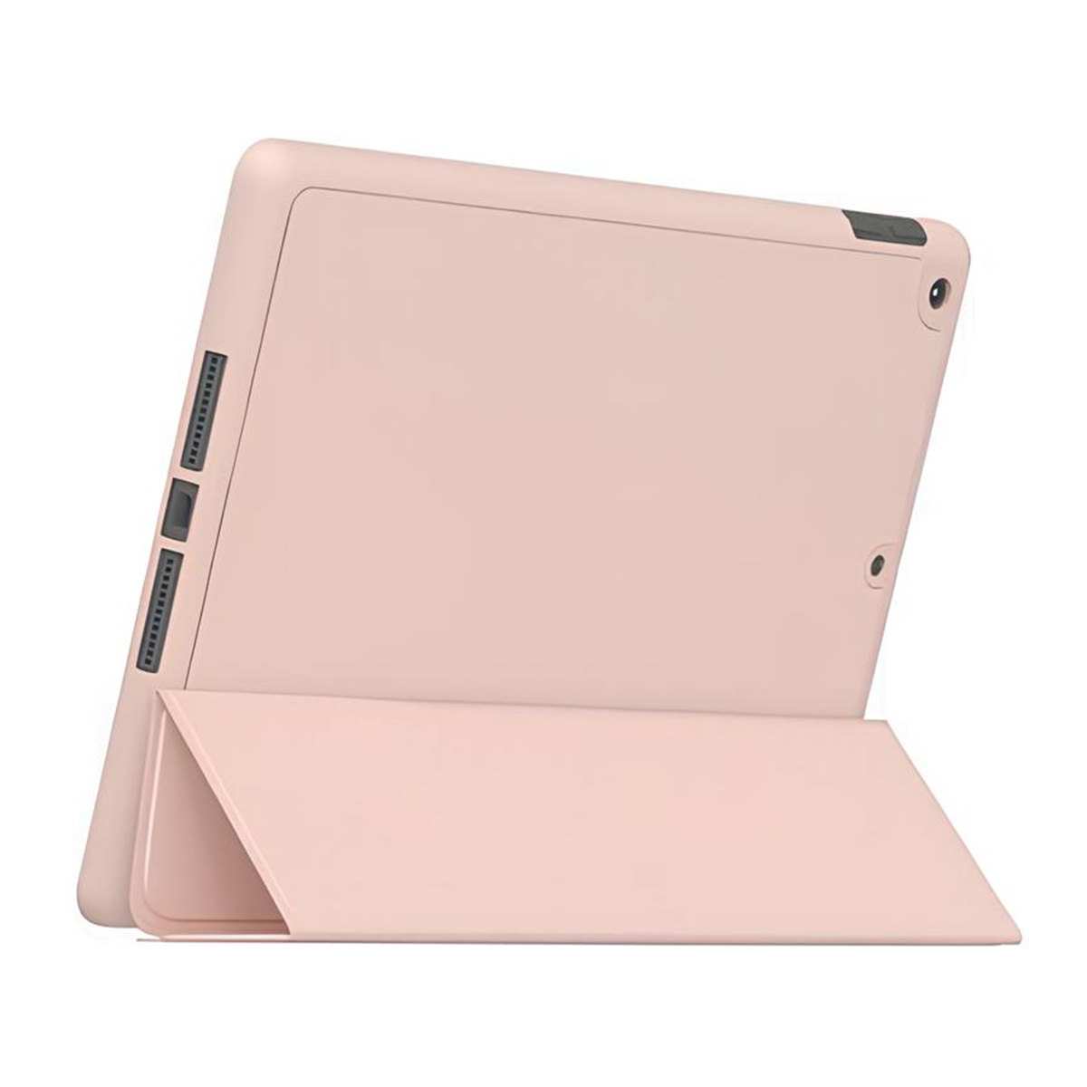 Funda de tableta rosa, abierta, con la tableta en el centro. Fondo blanco.