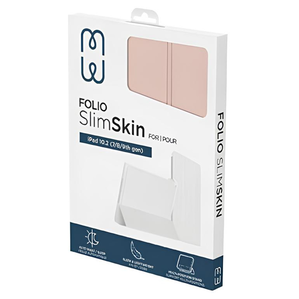 Una caja de producto. La caja muestra una funda para tableta. La funda es rosa.