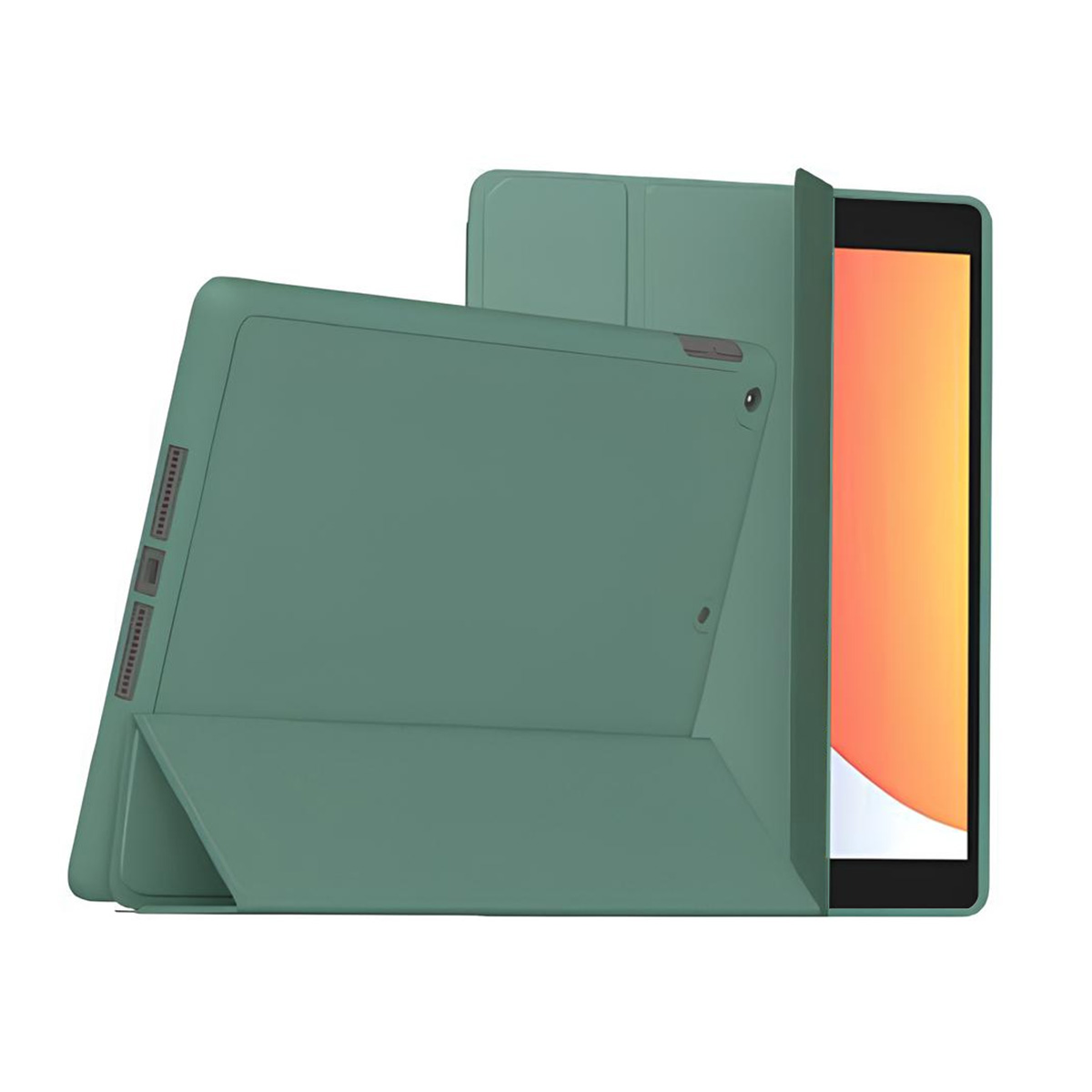 Custodia per tablet verde, parzialmente aperta, con un tablet all'interno. Sfondo bianco.