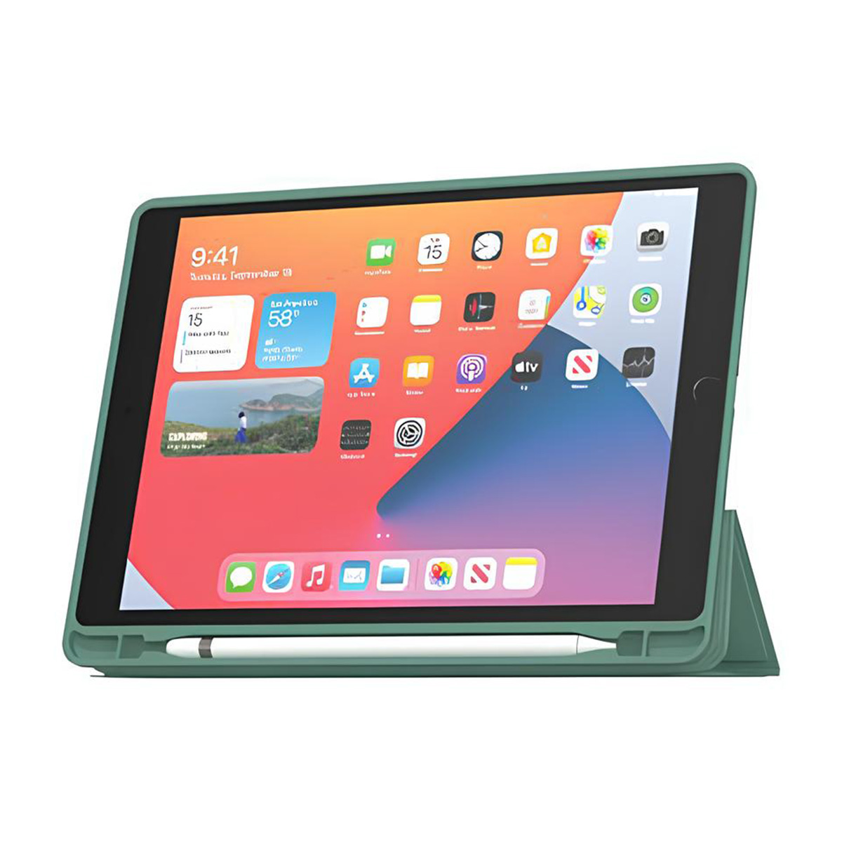 Tablet verde con icone delle app sullo schermo. Pennino davanti. Sfondo bianco.