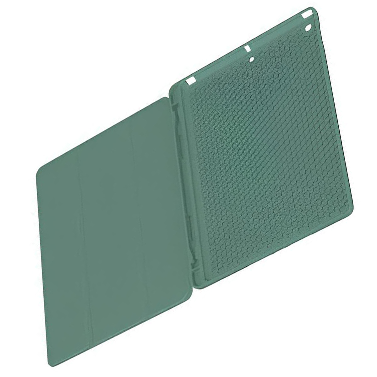 Custodia per tablet verde, aperta. L'interno della custodia è visibile. Sfondo bianco.