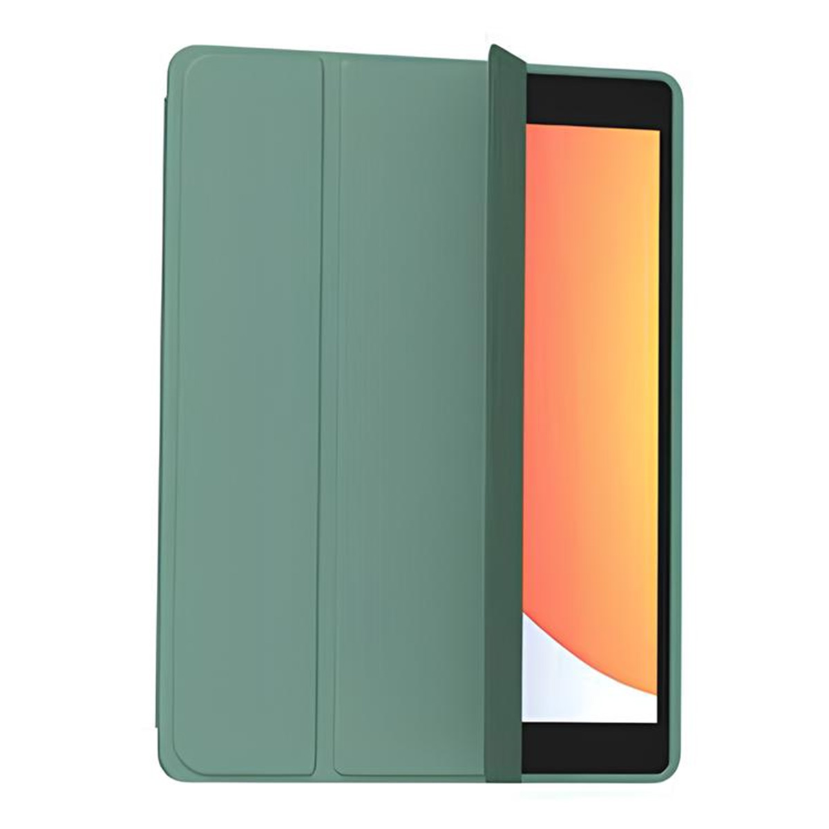 Un tablet con una cover verde. La cover è aperta, rivelando lo schermo arancione.