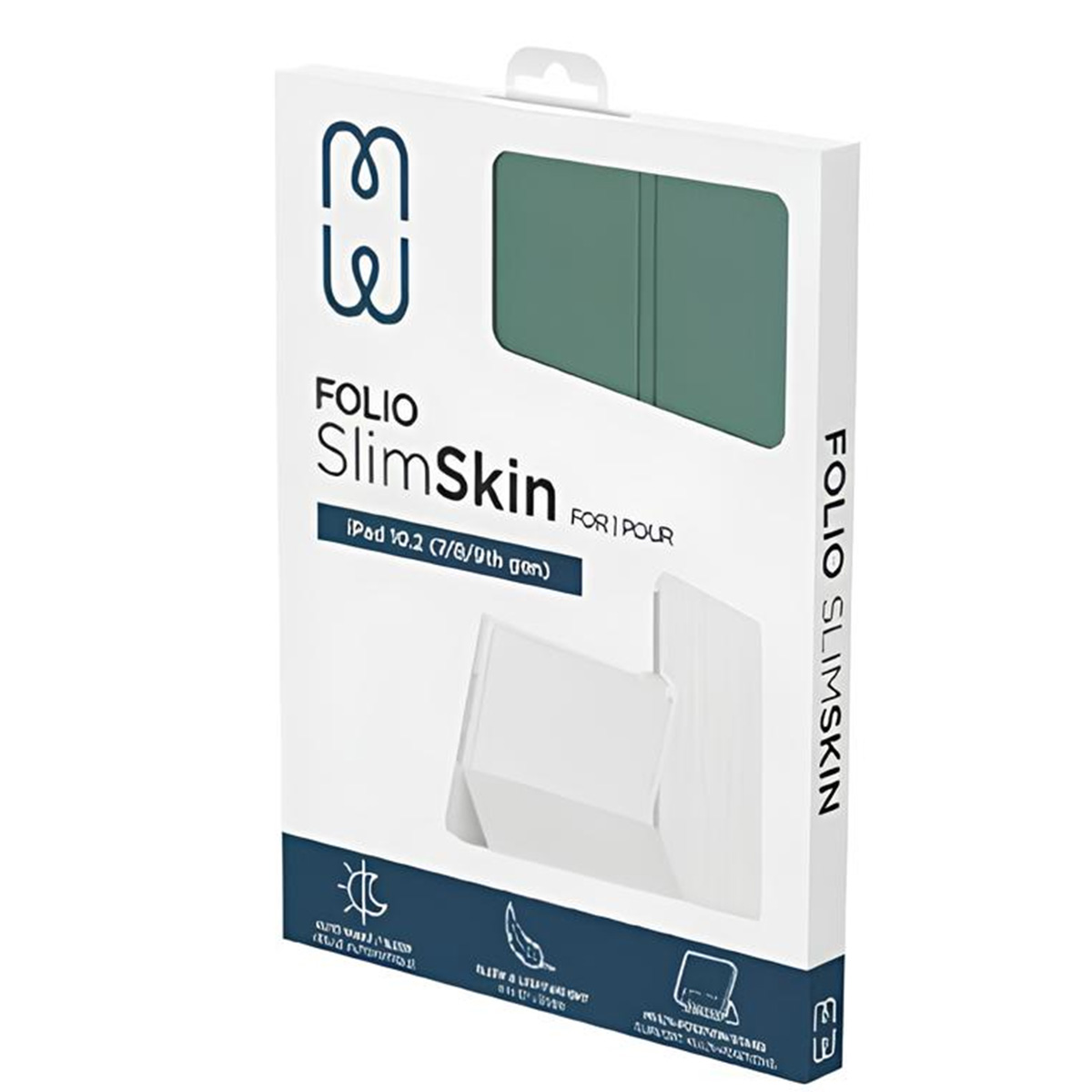Una scatola del prodotto. La scatola mostra una custodia per tablet. La custodia è verde.