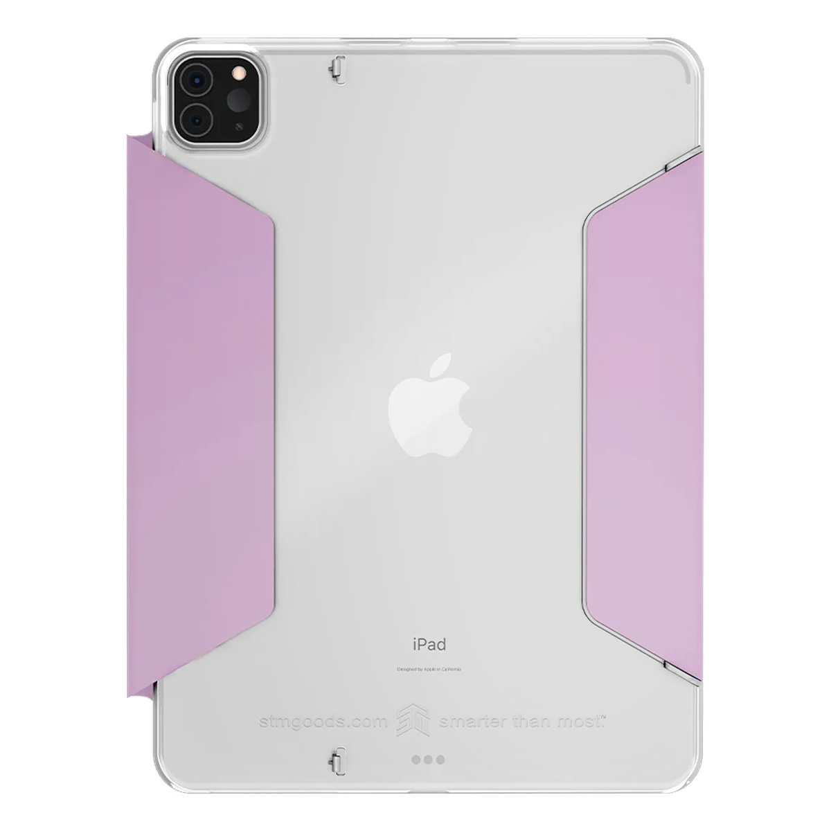 Il retro di un iPad con una custodia trasparente e una cover rosa. Il logo Apple è visibile.