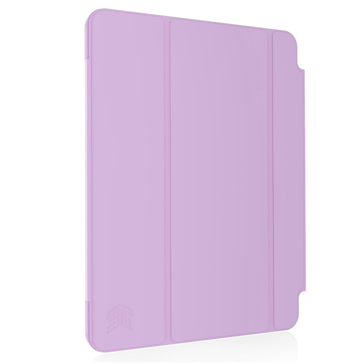 Una custodia per iPad viola. La custodia è chiusa e mostra una superficie liscia e solida.