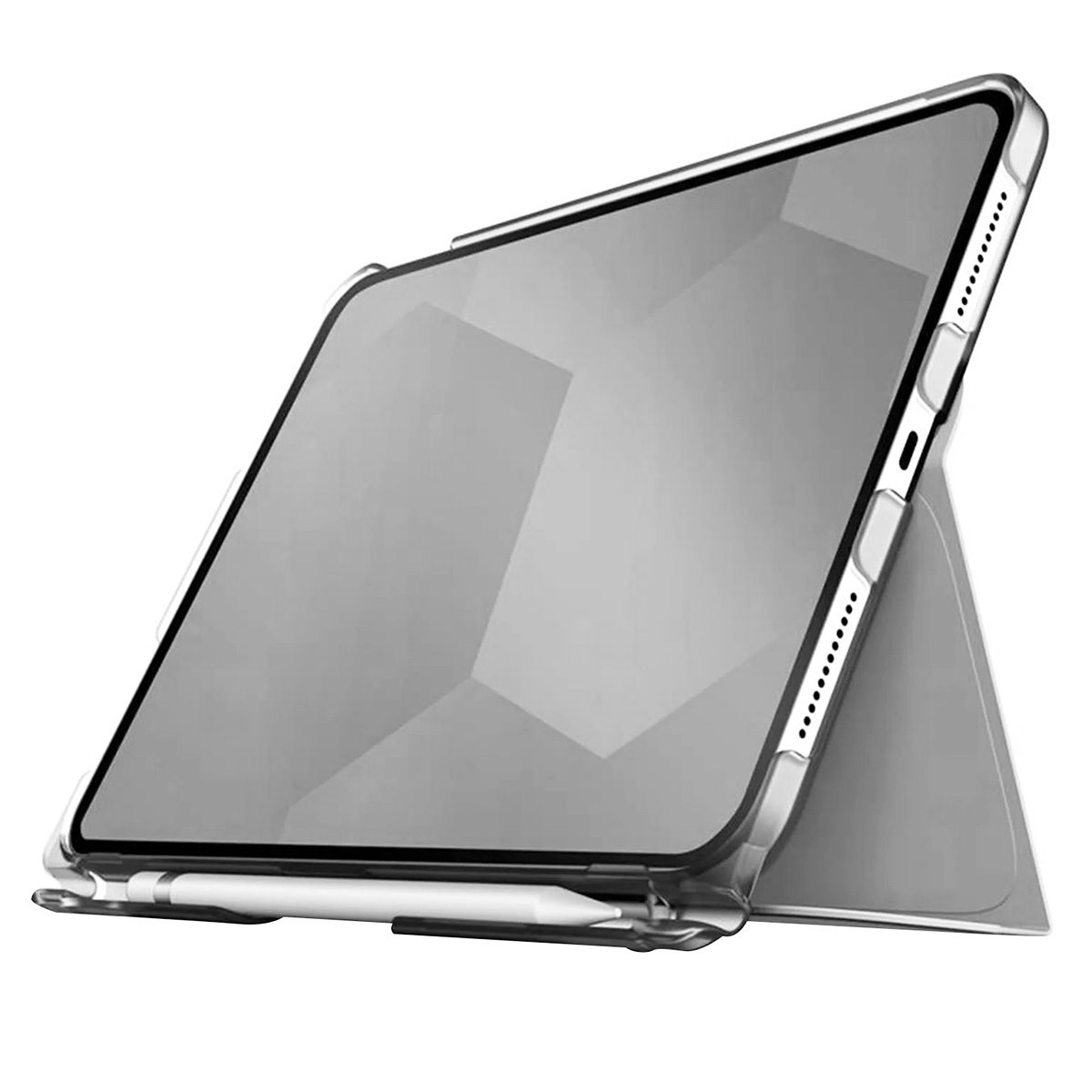 Tablet in custodia con schermo grigio, supporto e penna.