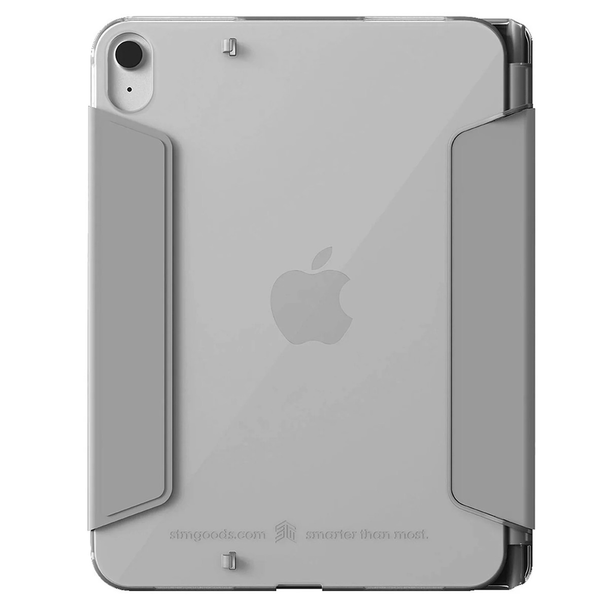 Il retro di un iPad con una custodia trasparente e una cover grigia. Il logo Apple è visibile.