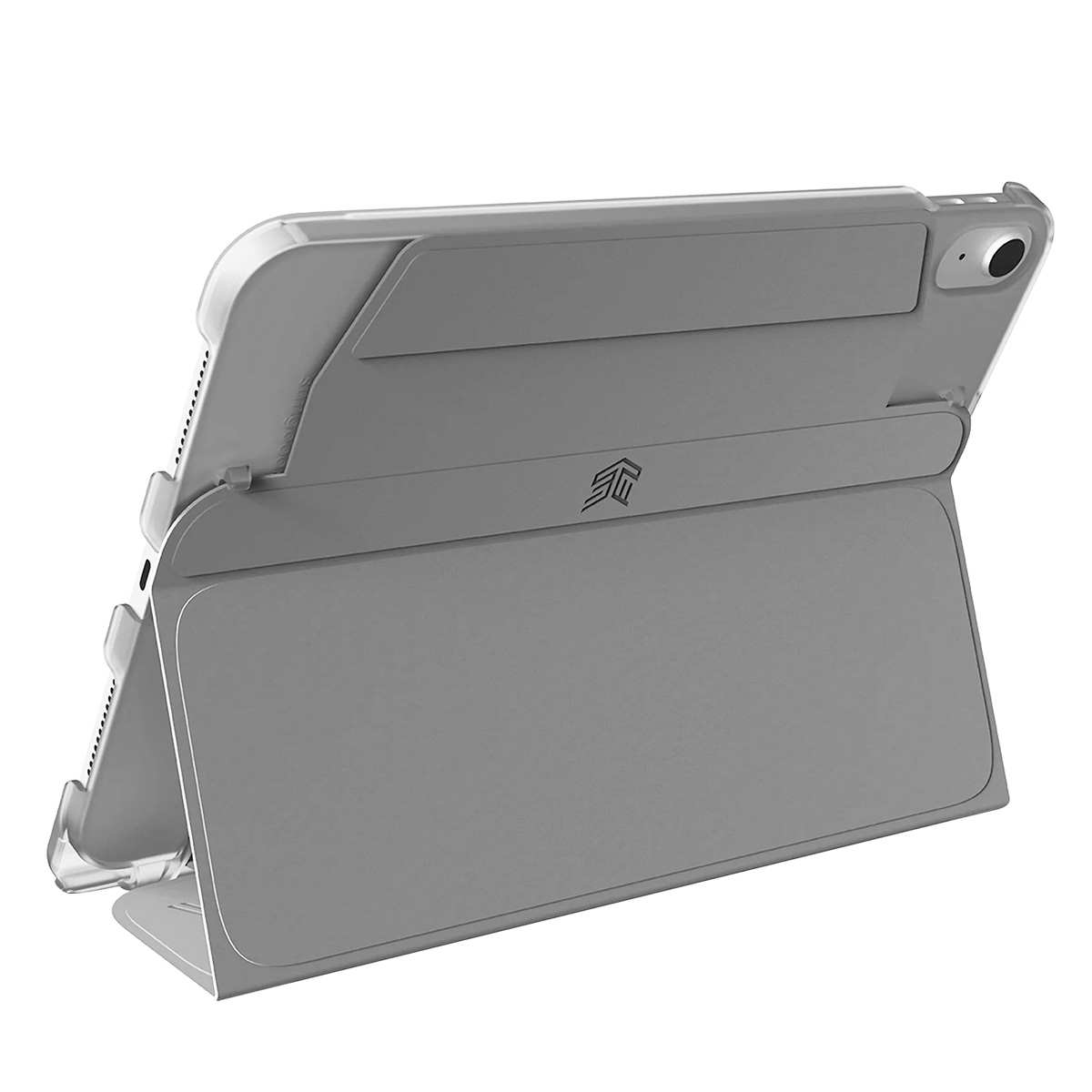 Un iPad in una custodia grigia con una cover piegata per far stare in piedi l'iPad.