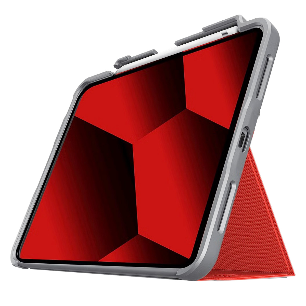 Tablet in custodia grigia con schermo rosso e supporto rosso.