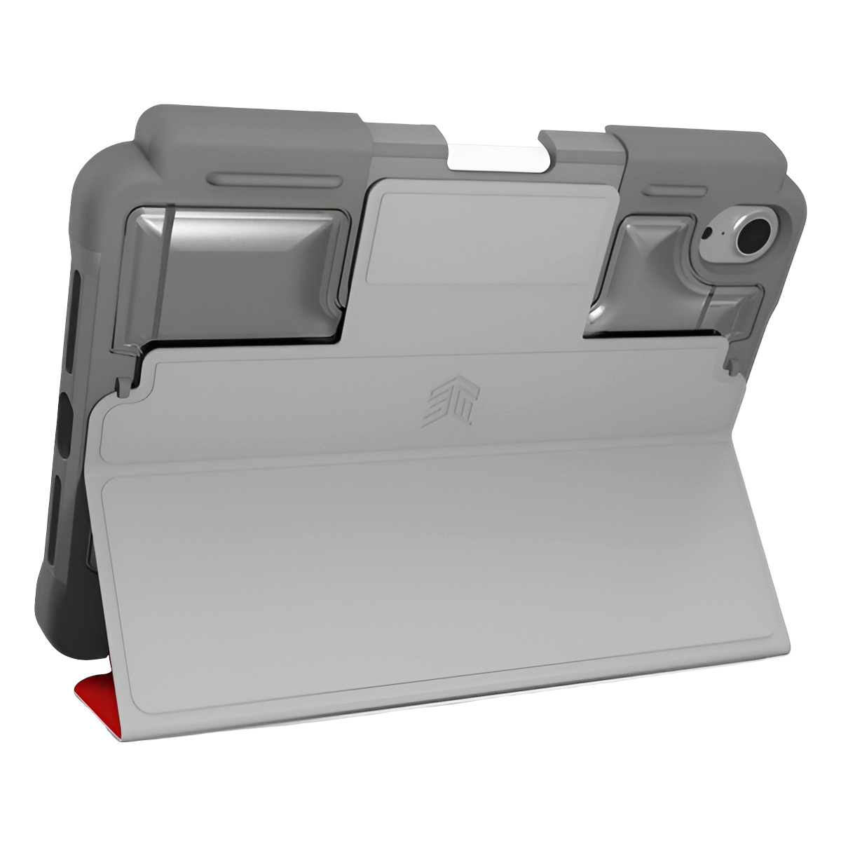 Retro del tablet con custodia grigia e rossa.