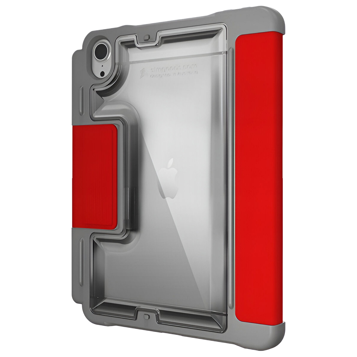 Retro del tablet con custodia rossa e grigia.