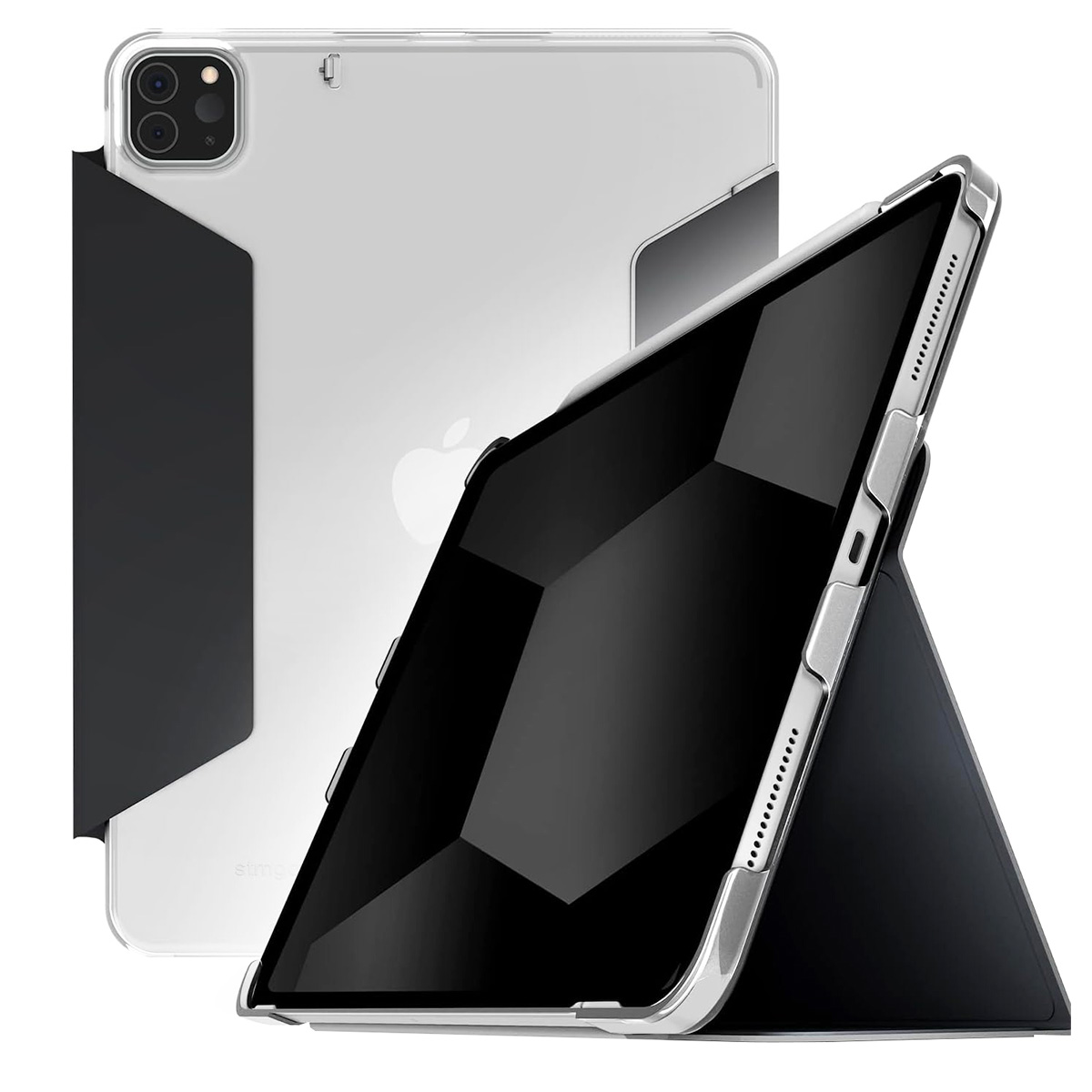Tablet in custodia e un altro tablet. La custodia è trasparente con dettagli neri.